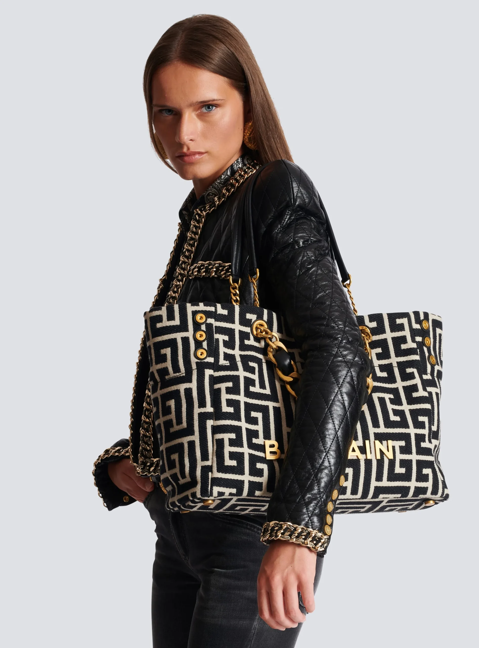 Women Balmain 1945 Soft Monogrammed Jacquard Tote Bag