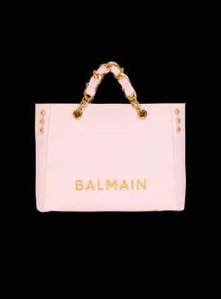 Women Balmain 1945 Soft Tote Bag In Embossed Grained Calfskin With A PB Labyrinth Monogram