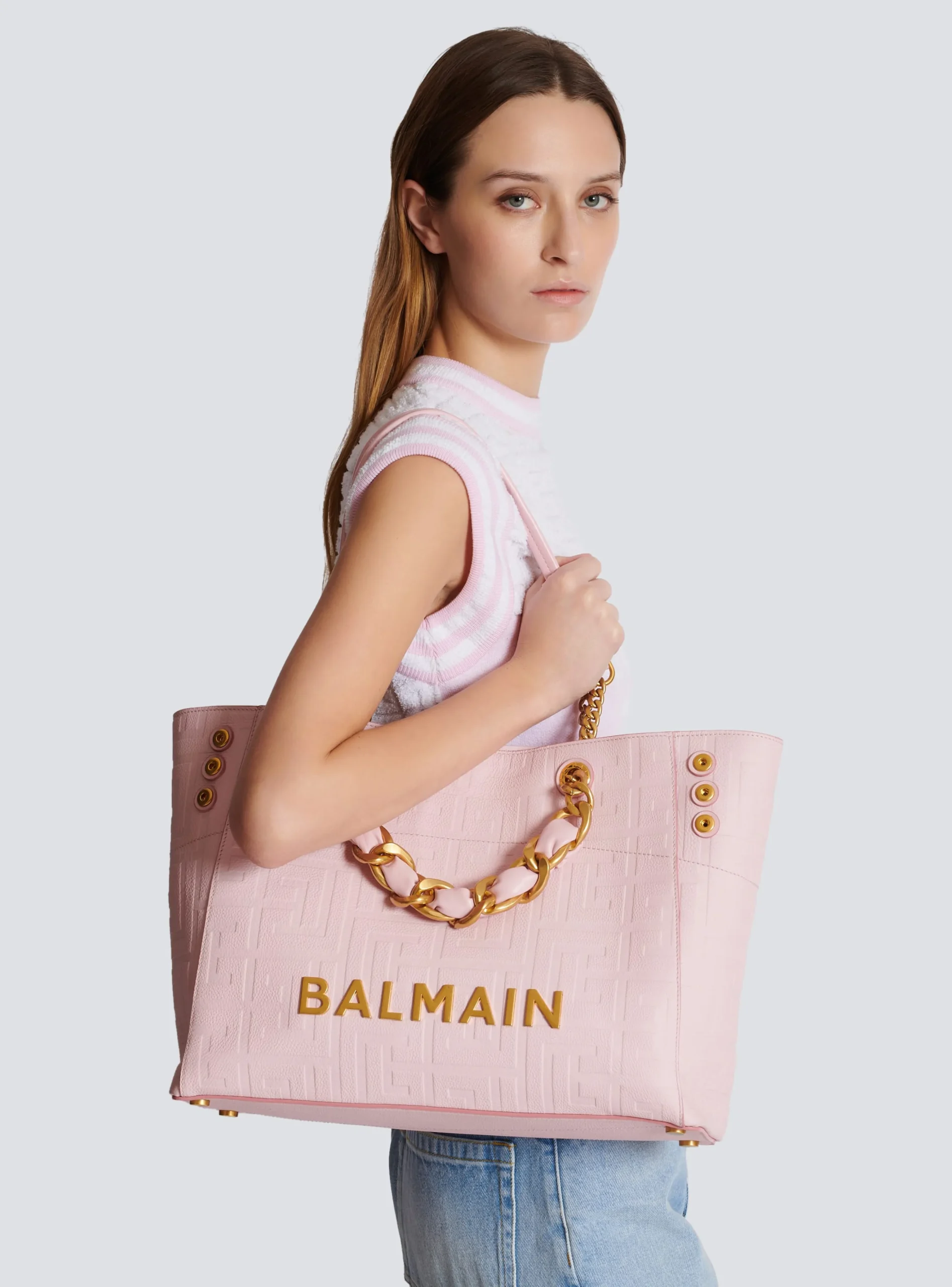 Women Balmain 1945 Soft Tote Bag In Embossed Grained Calfskin With A PB Labyrinth Monogram