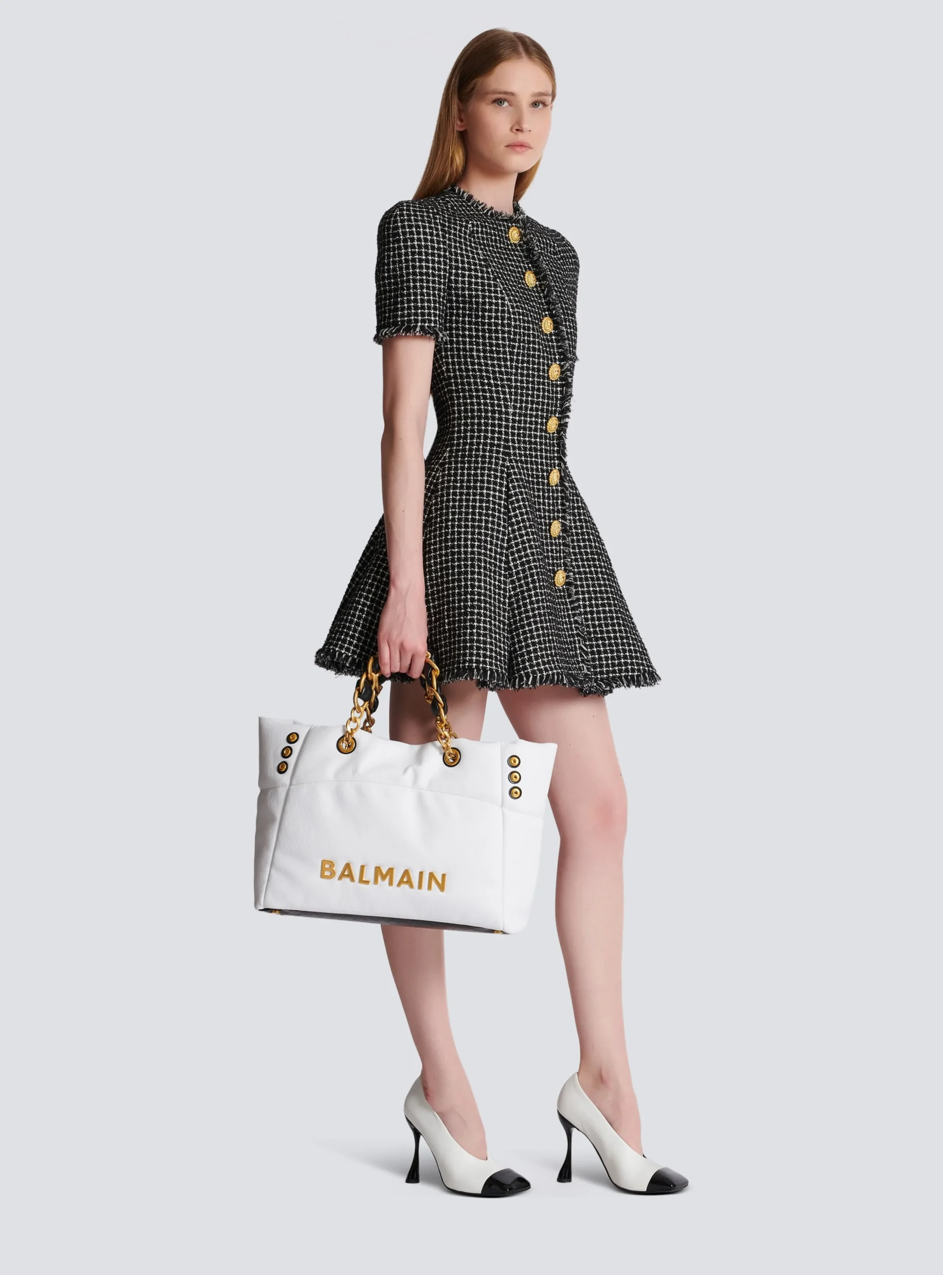 Women Balmain 1945 Soft Tote Bag In Embossed Calfskin With A Grid Motif