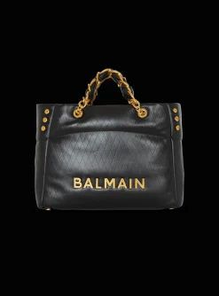Women Balmain 1945 Soft Tote Bag In Embossed Calfskin With A Grid Motif