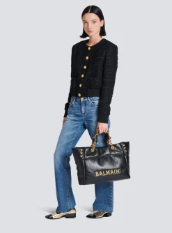 Women Balmain 1945 Soft Tote Bag In Embossed Calfskin With A Grid Motif