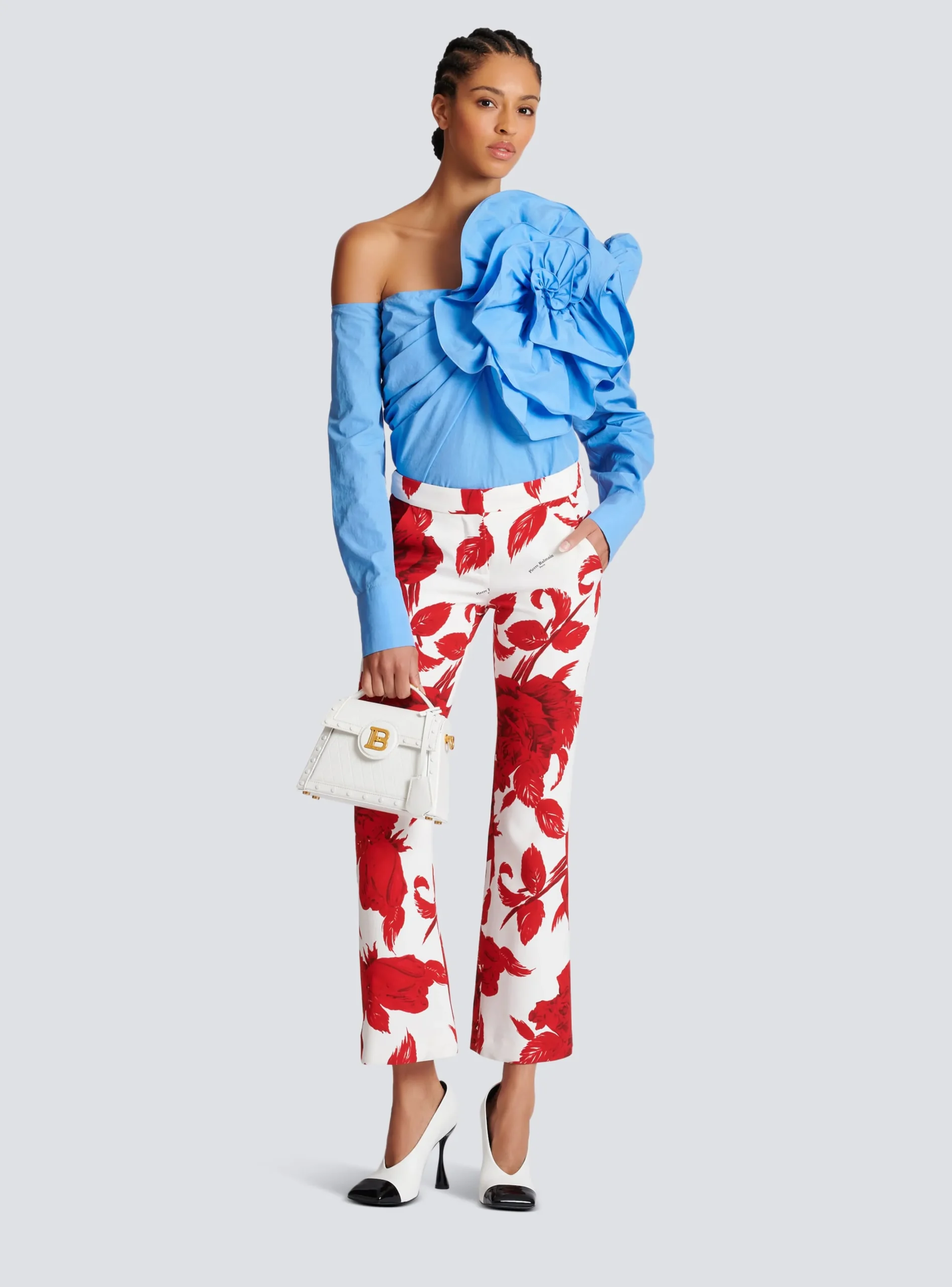Women Balmain Asymmetric Poplin Shirt With Rose