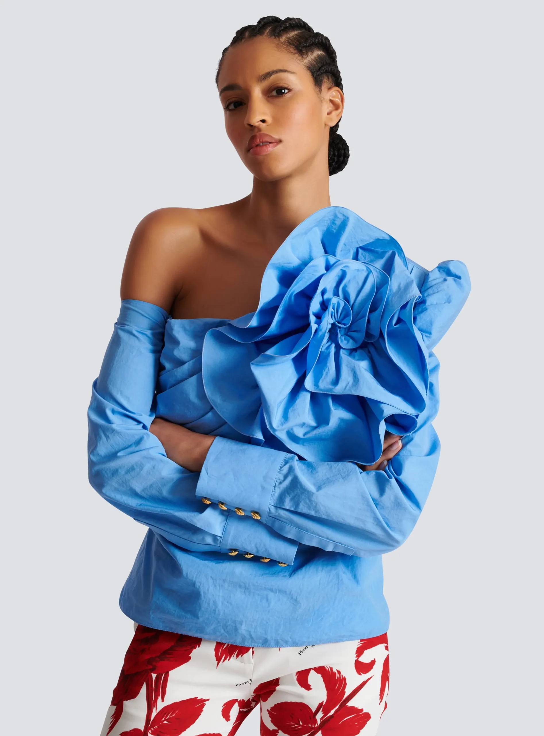 Women Balmain Asymmetric Poplin Shirt With Rose