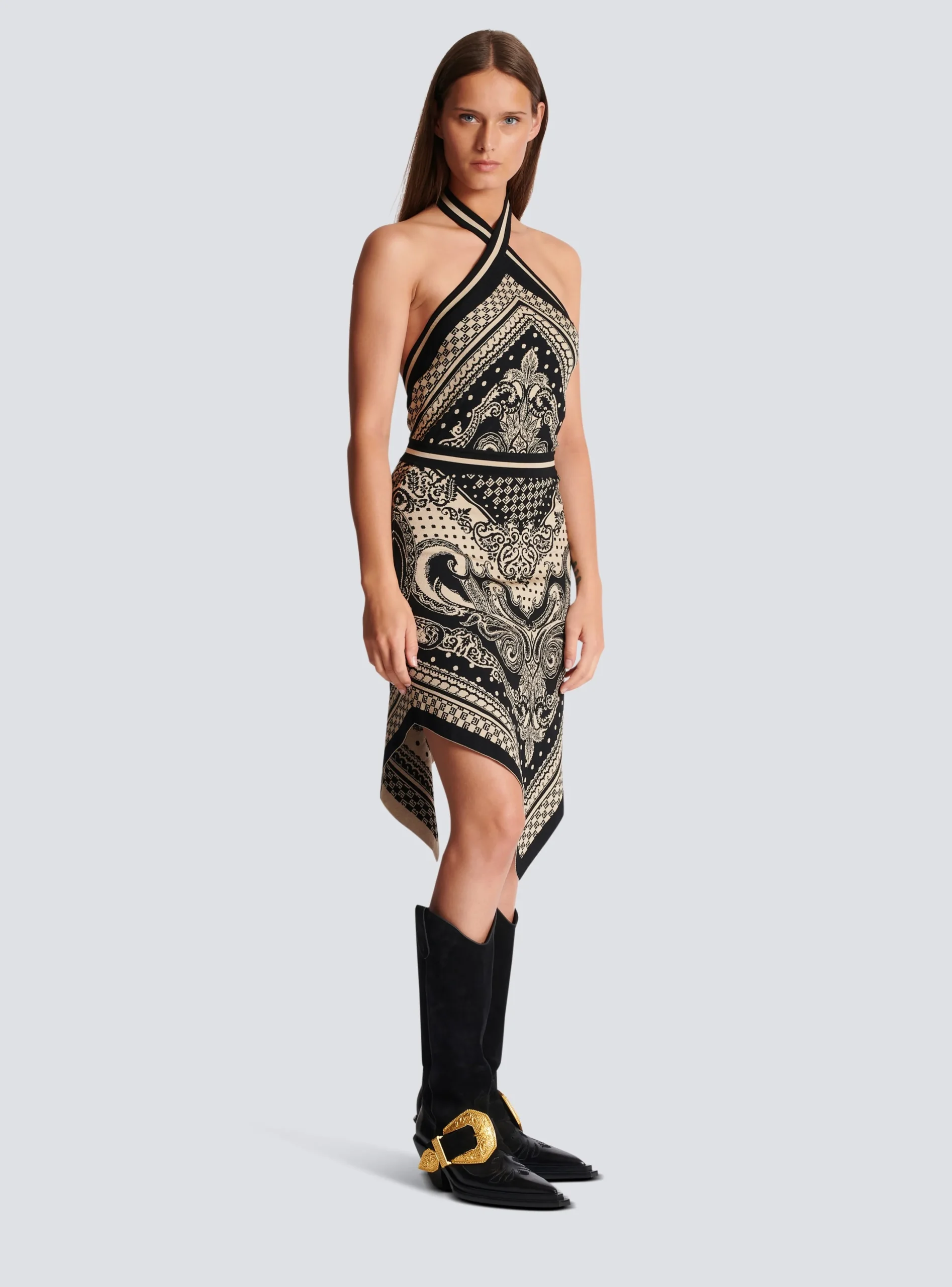 Women Balmain Backless Knit Paisley And Monogram Dress