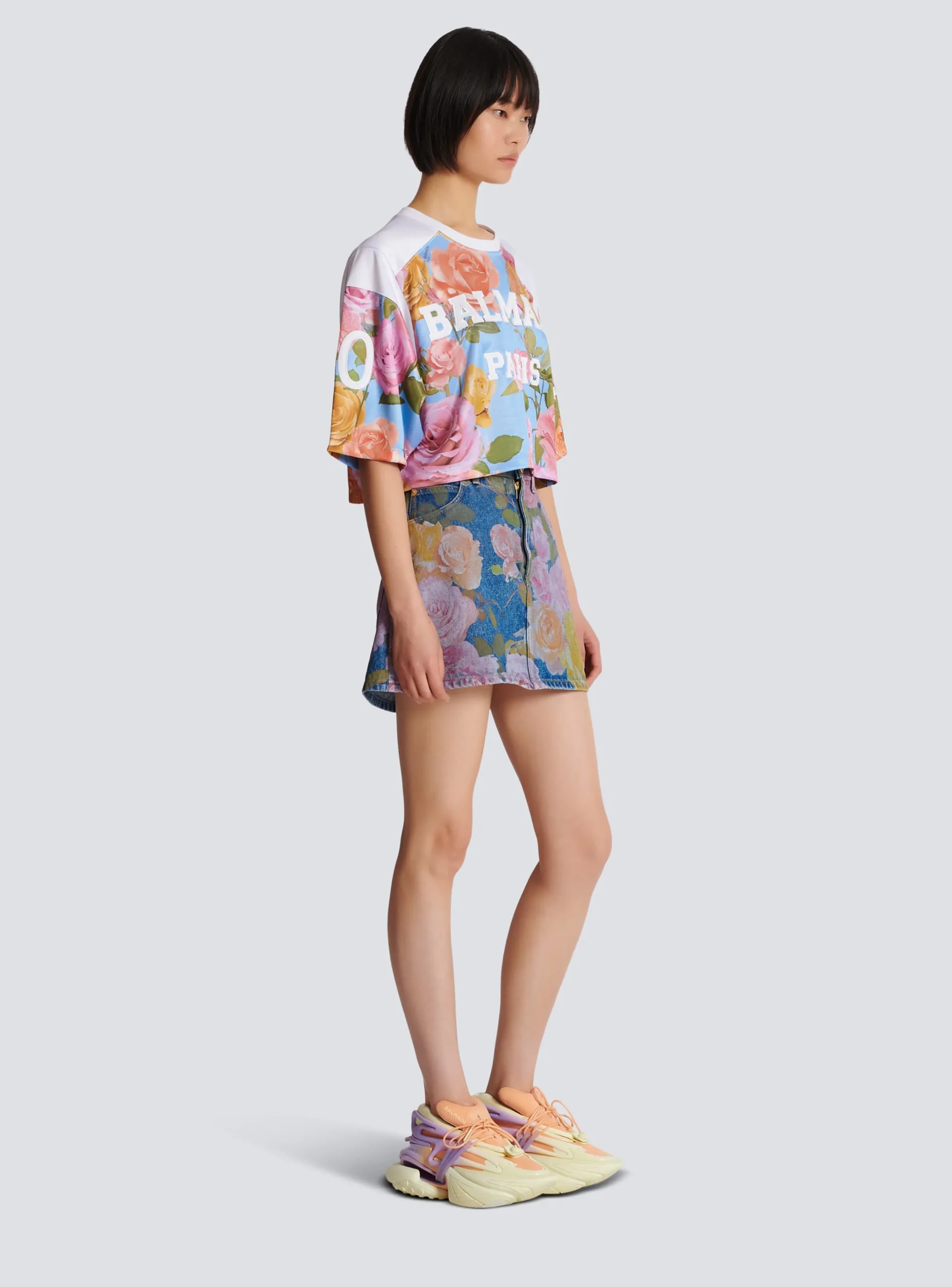 Women Balmain Baseball T-shirt With Pastel Roses Print