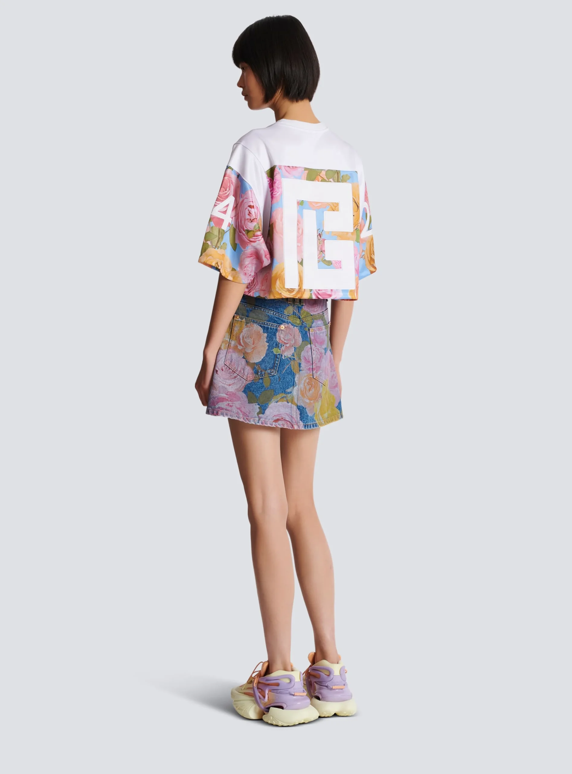 Women Balmain Baseball T-shirt With Pastel Roses Print
