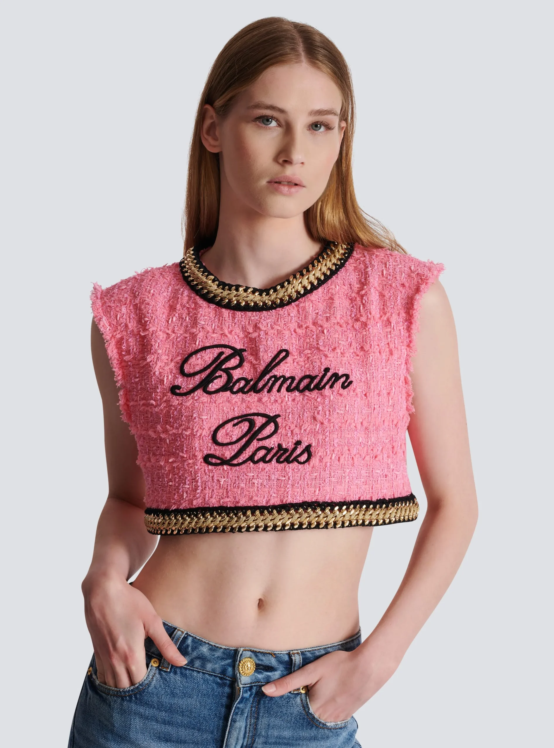 Women Balmain Signature Tweed And Chain Top