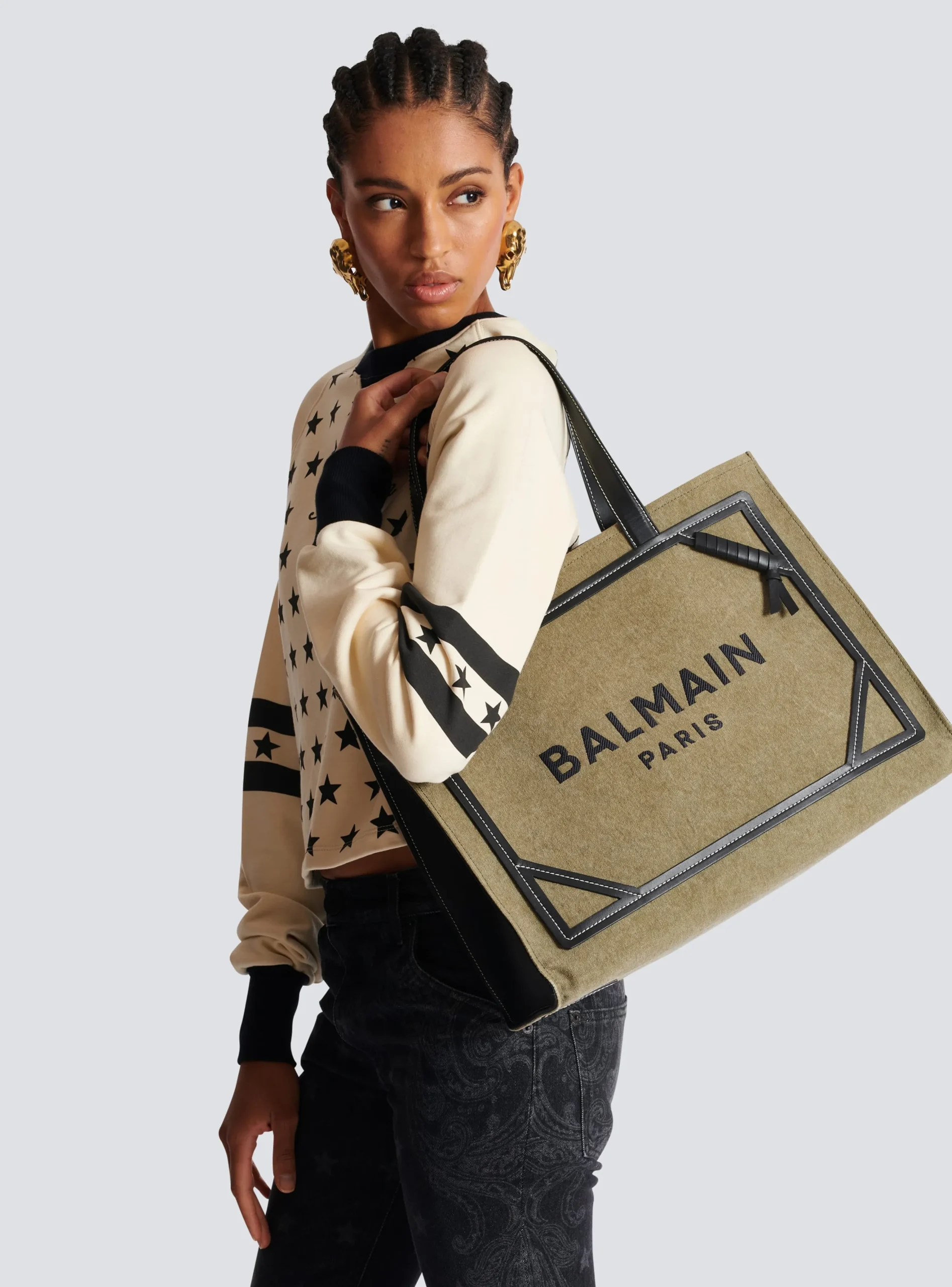 Women Balmain B-Army 42 Canvas Tote Bag With Leather Details