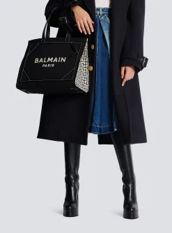 Women Balmain B-Army 42 Monogrammed Canvas And Smooth Leather Tote Bag