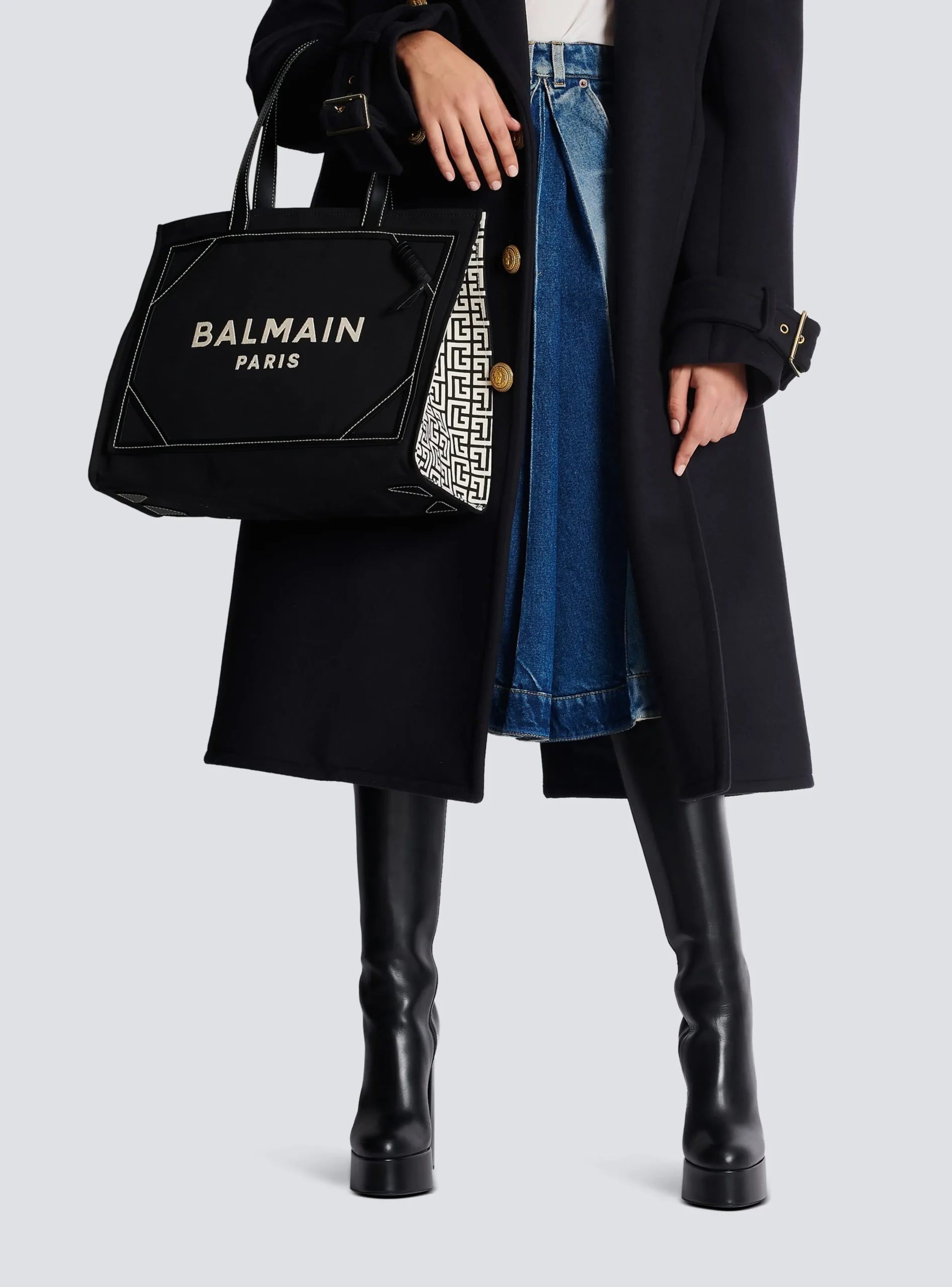 Women Balmain B-Army 42 Monogrammed Canvas And Smooth Leather Tote Bag