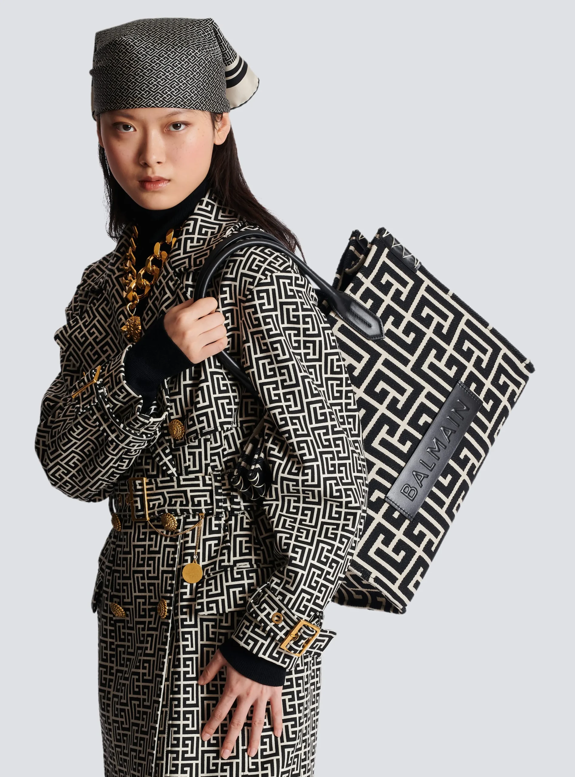 Women Balmain B-Army 42 Monogrammed Jacquard And Leather Tote Bag