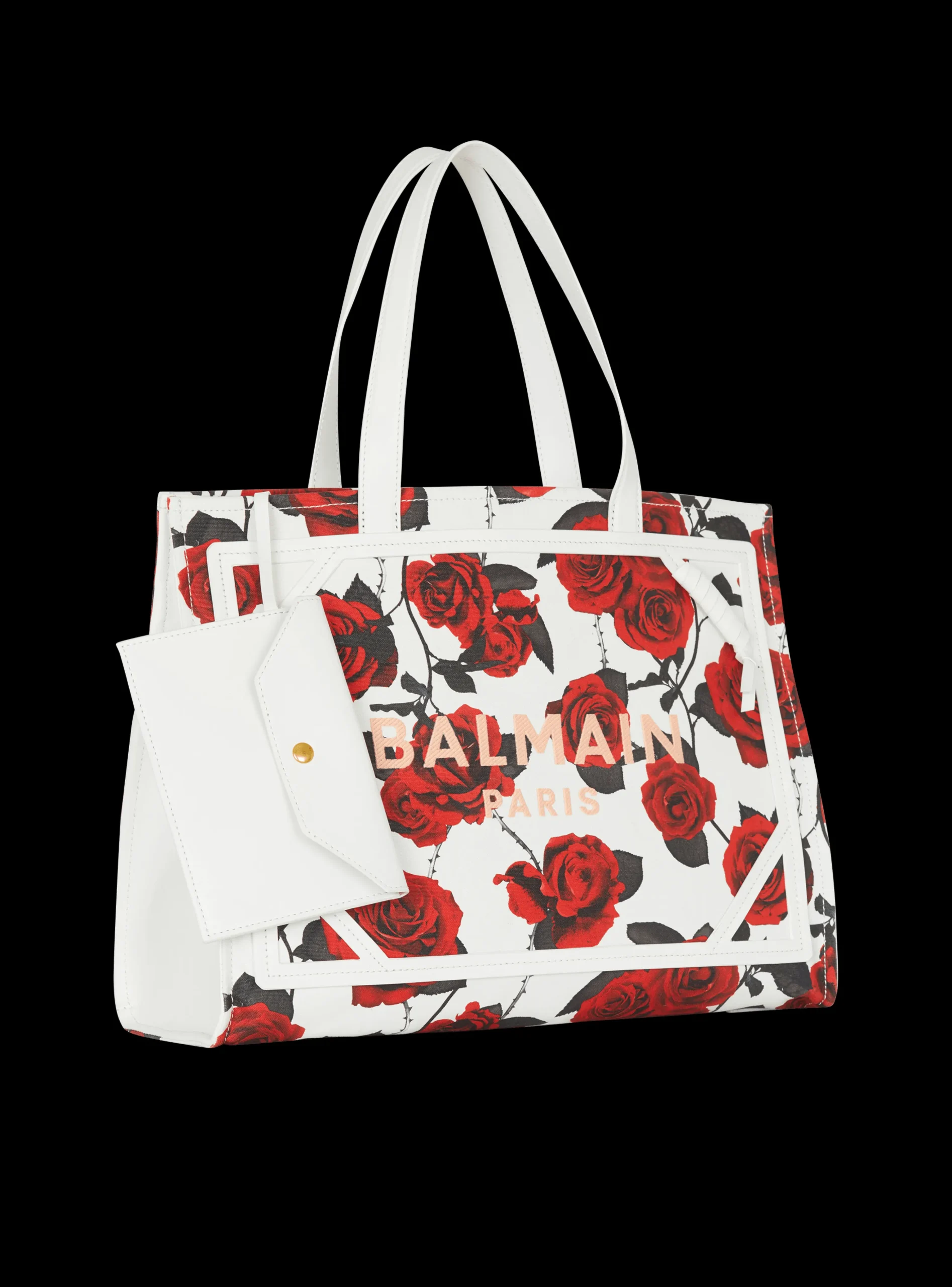 Women Balmain B-Army Medium Canvas Tote Bag With A Roses Print