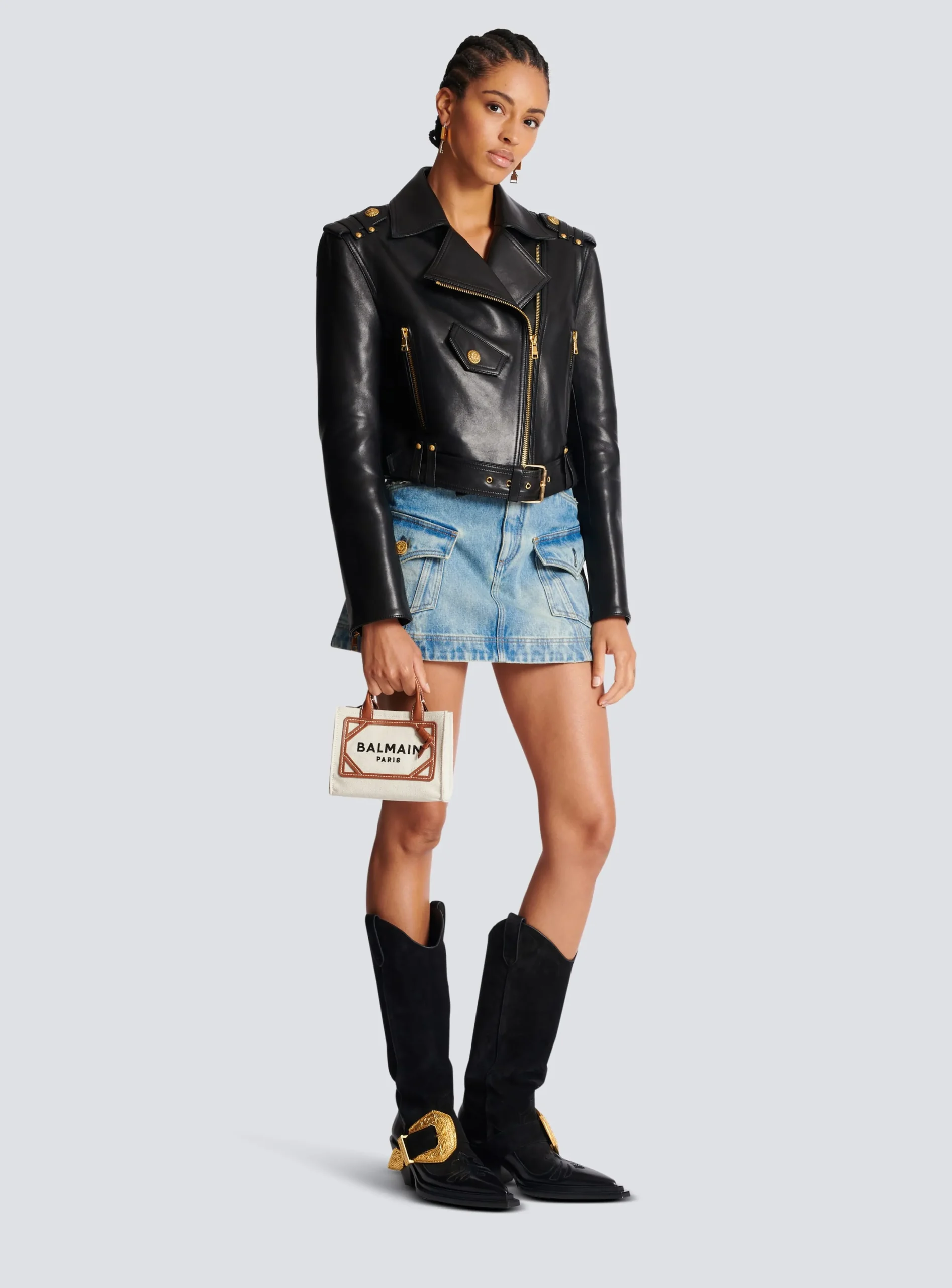 Women Balmain B-Army Mini Canvas Shopping Bag With Leather Inserts