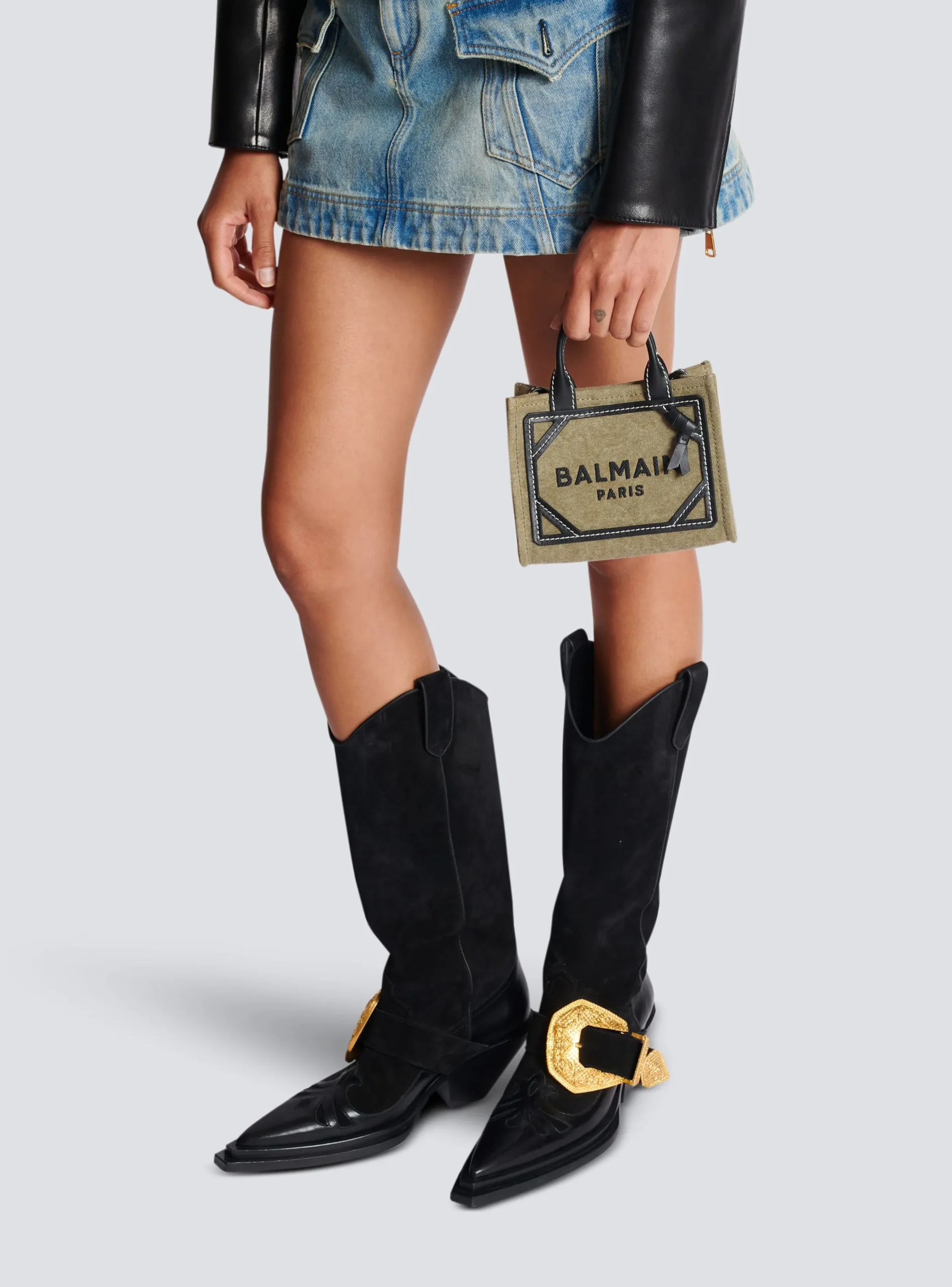 Women Balmain B-Army Mini Canvas Shopping Bag With Leather Inserts