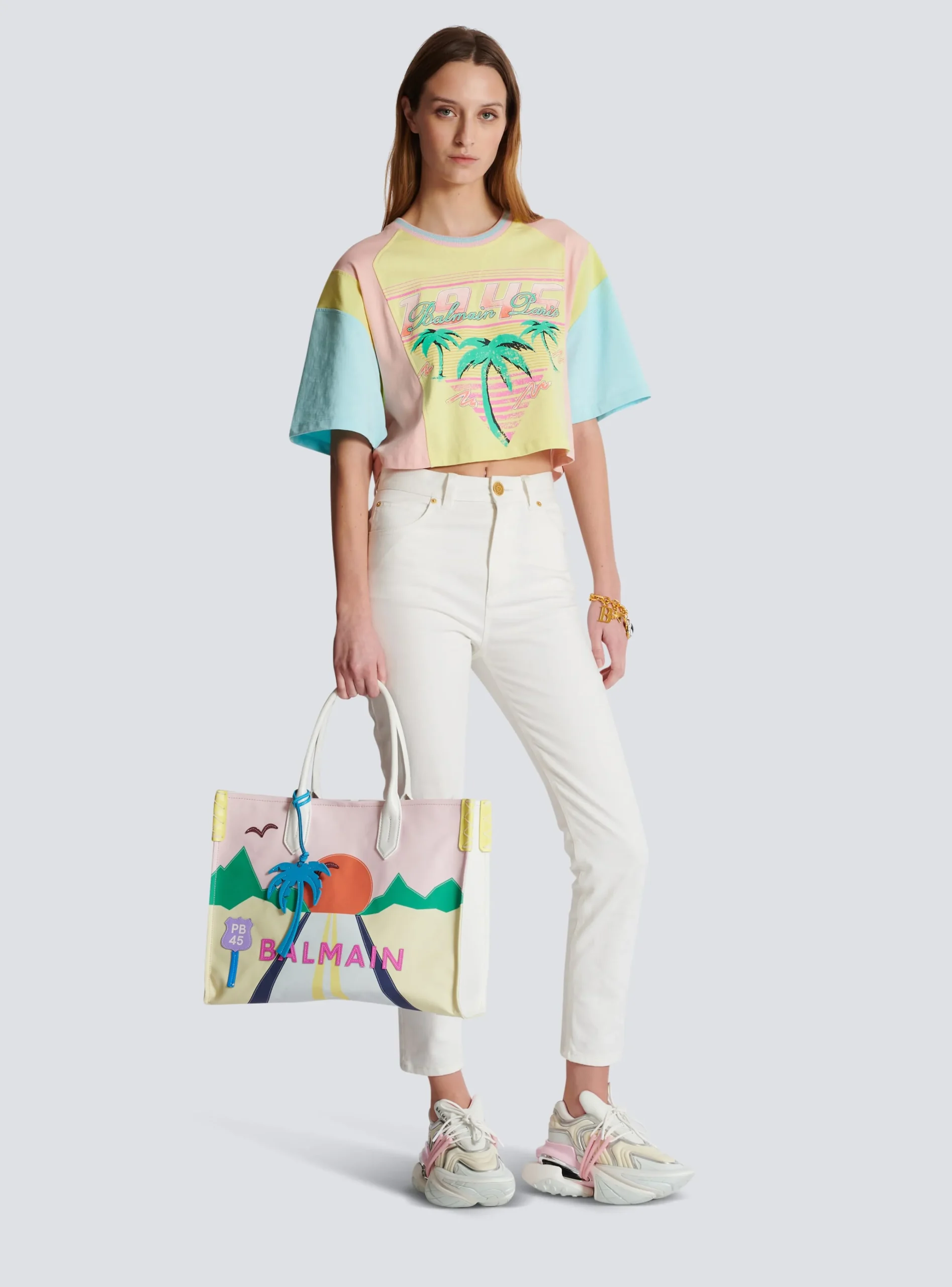 Women Balmain B-Army Shopper Medium Tote Bag In Canvas And Postcard Patchwork Leather