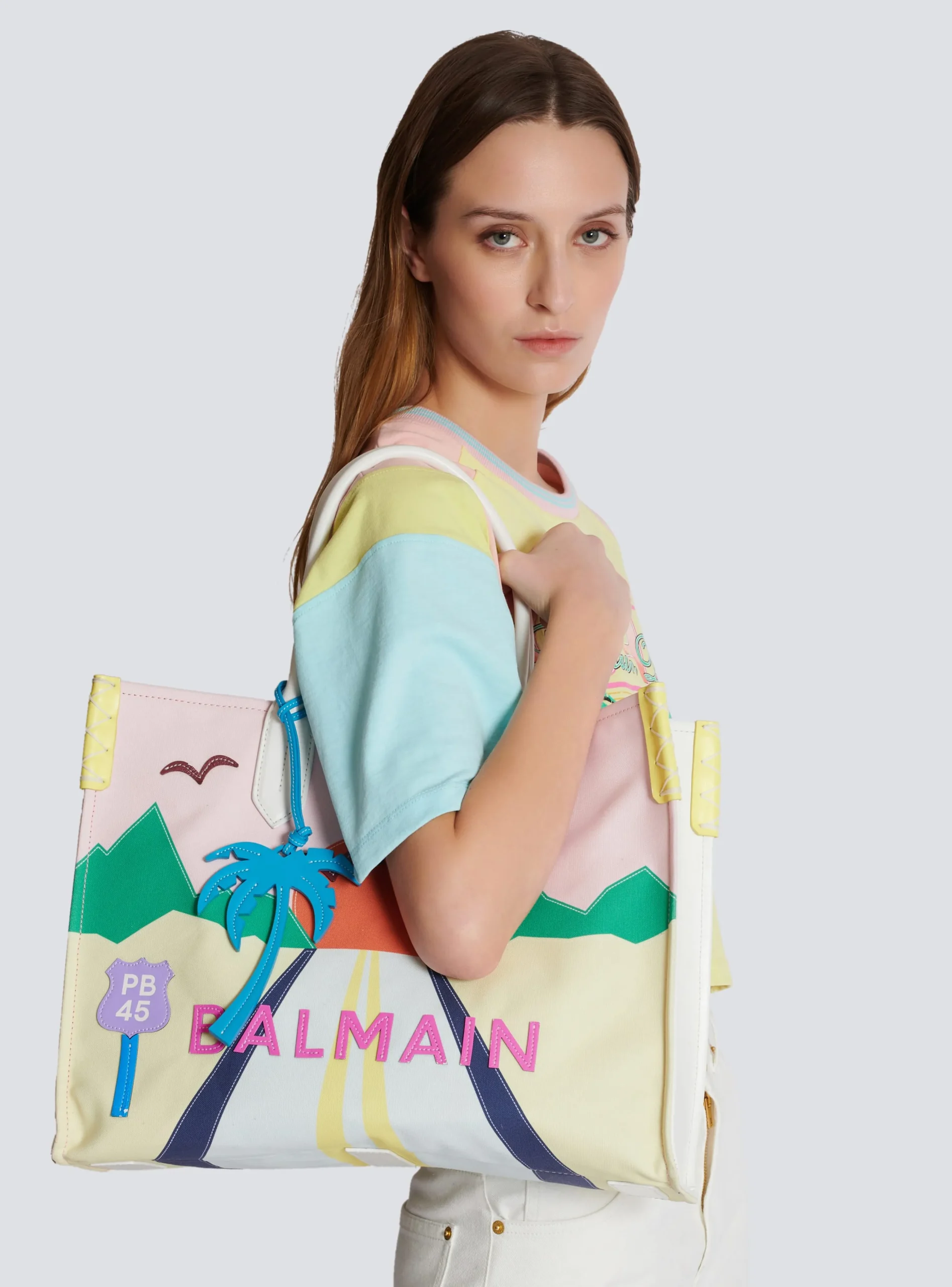 Women Balmain B-Army Shopper Medium Tote Bag In Canvas And Postcard Patchwork Leather