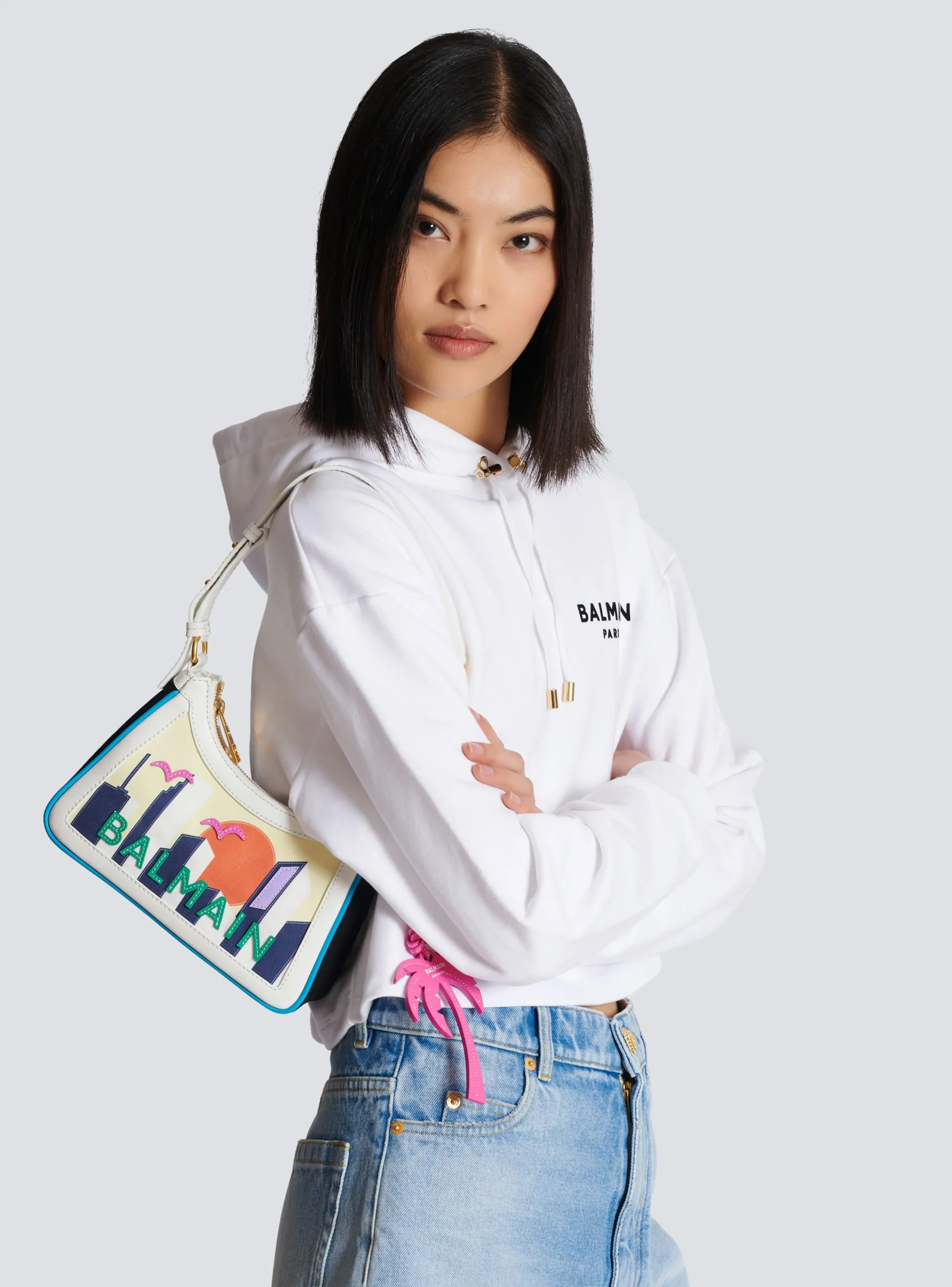 Women Balmain B-Army Shoulder Bag In Calfskin And Printed Postcard Canvas