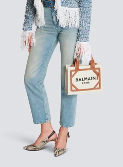 Women Balmain B-Army Small Canvas Shopping Bag With Leather Inserts