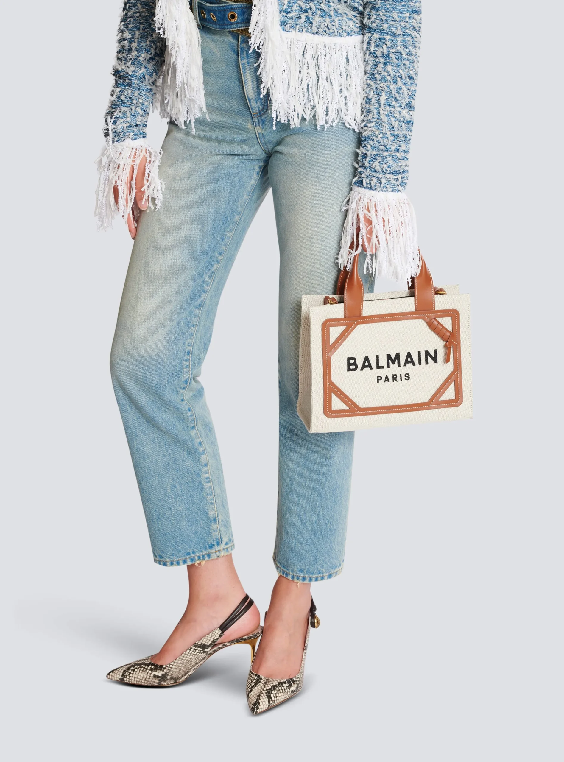 Women Balmain B-Army Small Canvas Shopping Bag With Leather Inserts
