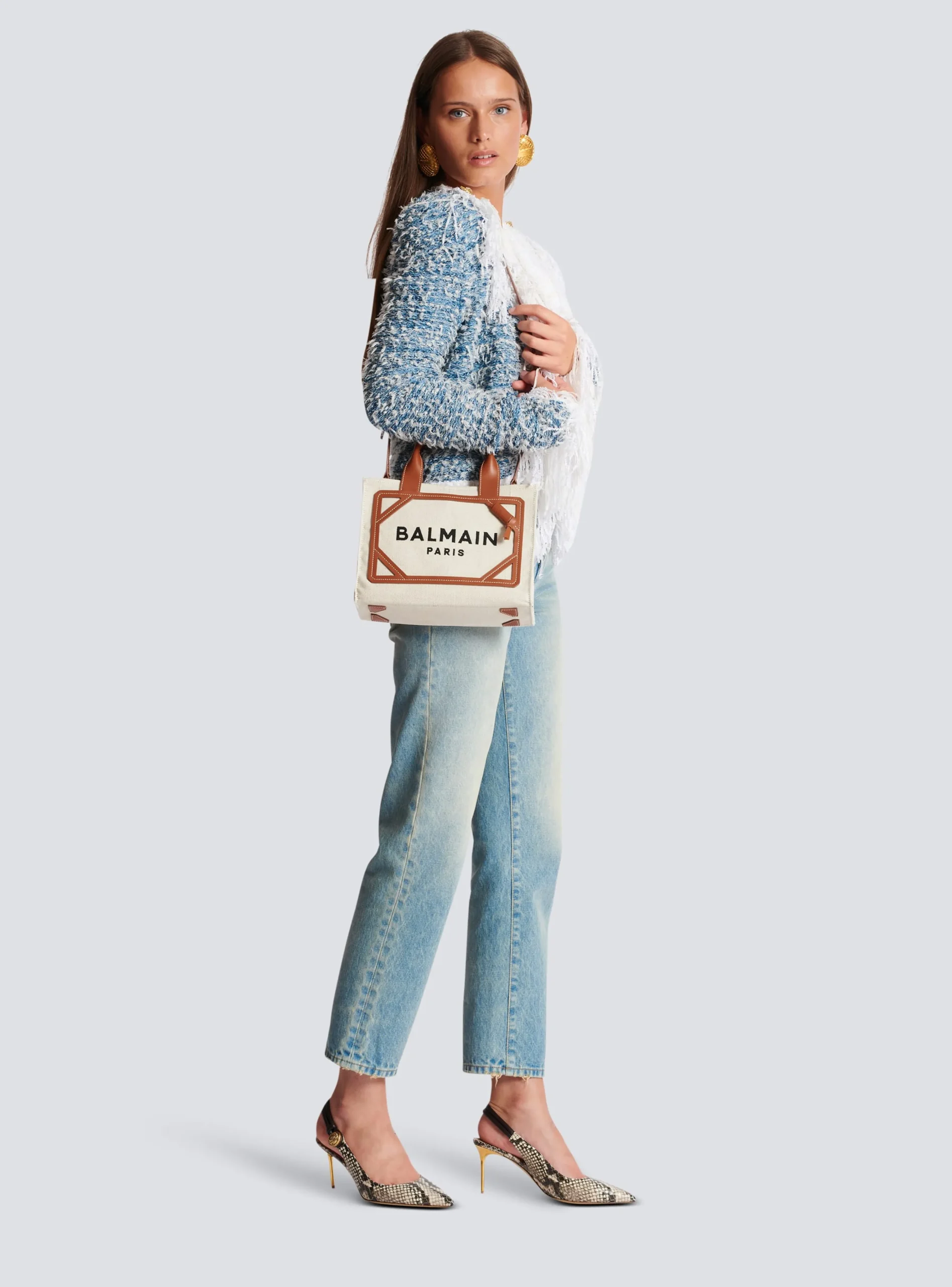 Women Balmain B-Army Small Canvas Shopping Bag With Leather Inserts
