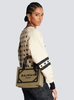 Women Balmain B-Army Small Canvas Shopping Bag With Leather Inserts