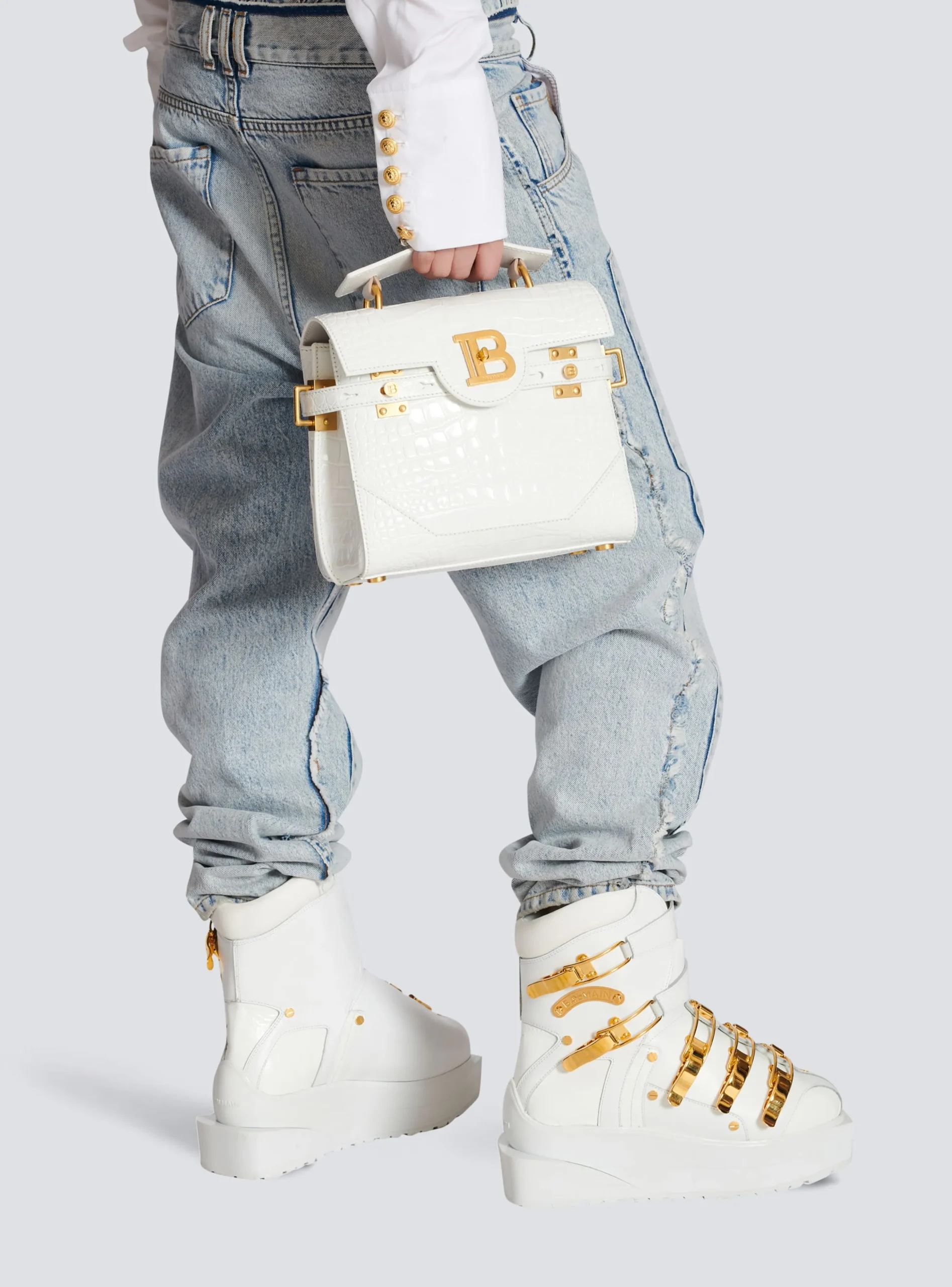 Women Balmain B-Buzz 23 Bag In Crocodile Effect-embossed Leather