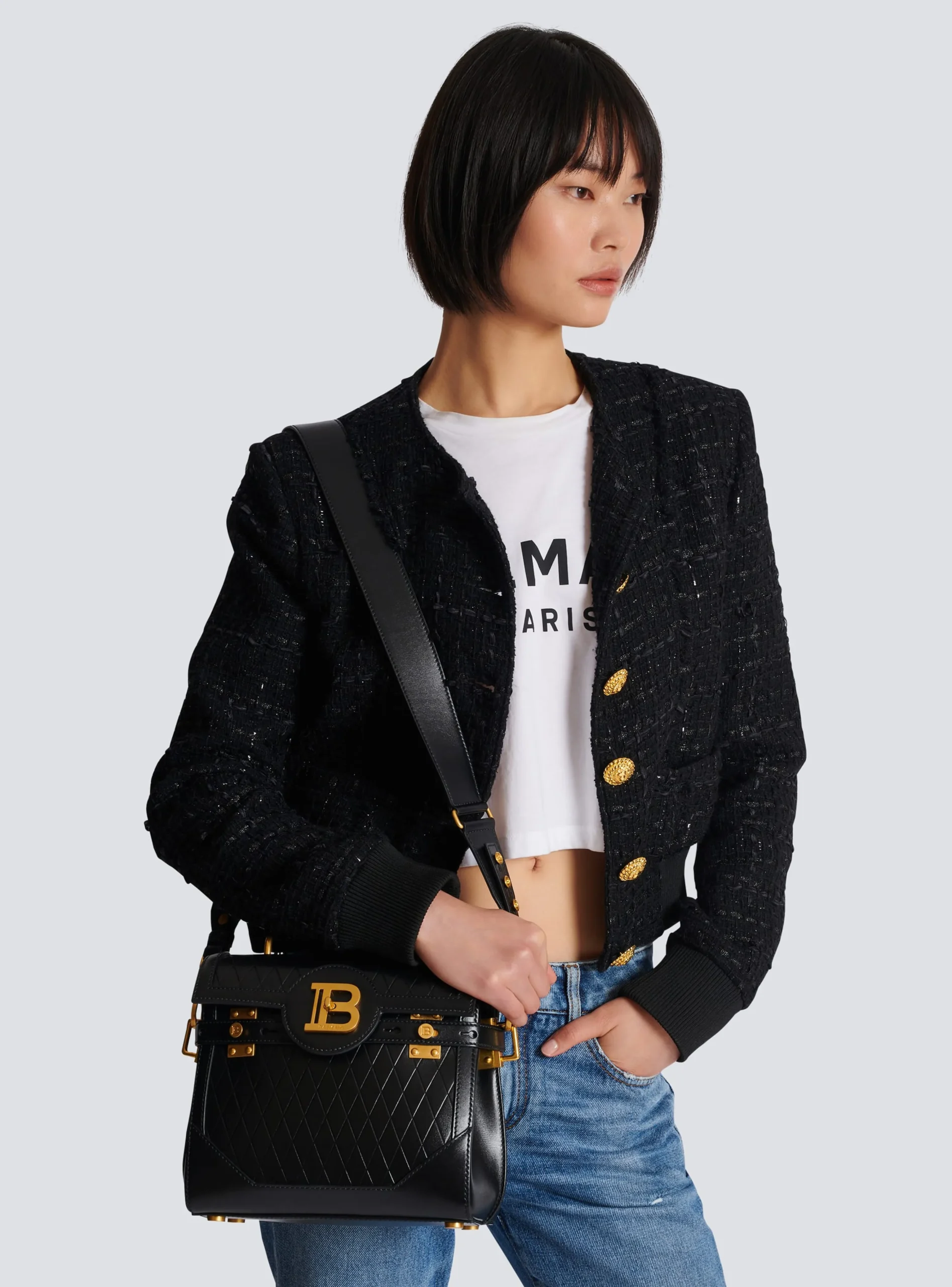 Women Balmain B-Buzz 23 Bag In Grid-embossed Calfskin