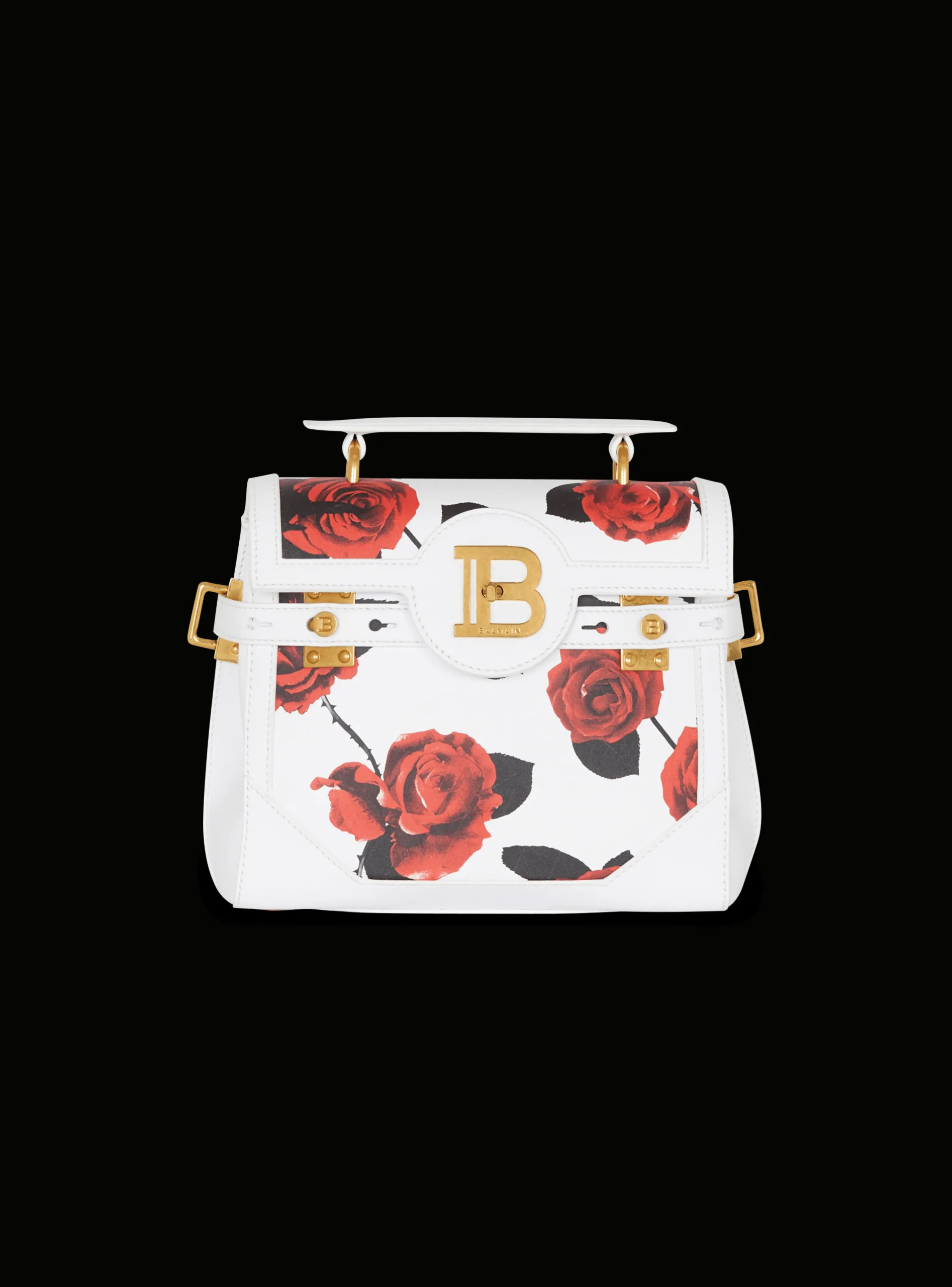 Women Balmain B-Buzz 23 Calfskin Bag With A Roses Print And Embossed Grid Motif