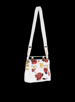 Women Balmain B-Buzz 23 Calfskin Bag With A Roses Print And Embossed Grid Motif