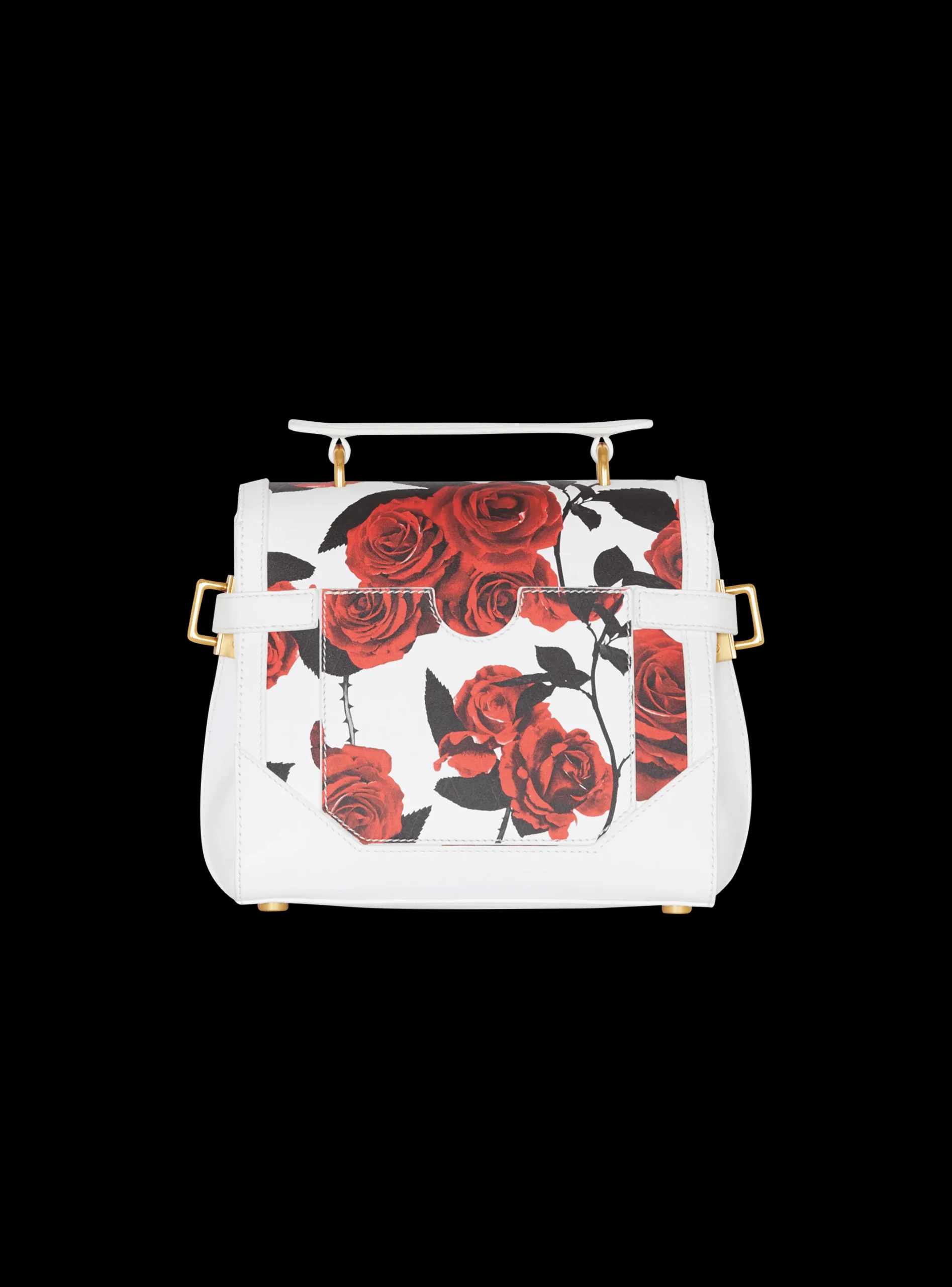 Women Balmain B-Buzz 23 Calfskin Bag With A Roses Print And Embossed Grid Motif
