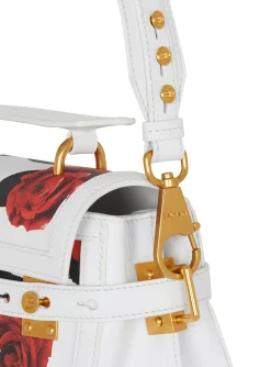 Women Balmain B-Buzz 23 Calfskin Bag With A Roses Print And Embossed Grid Motif