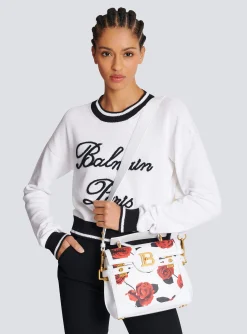 Women Balmain B-Buzz 23 Calfskin Bag With A Roses Print And Embossed Grid Motif