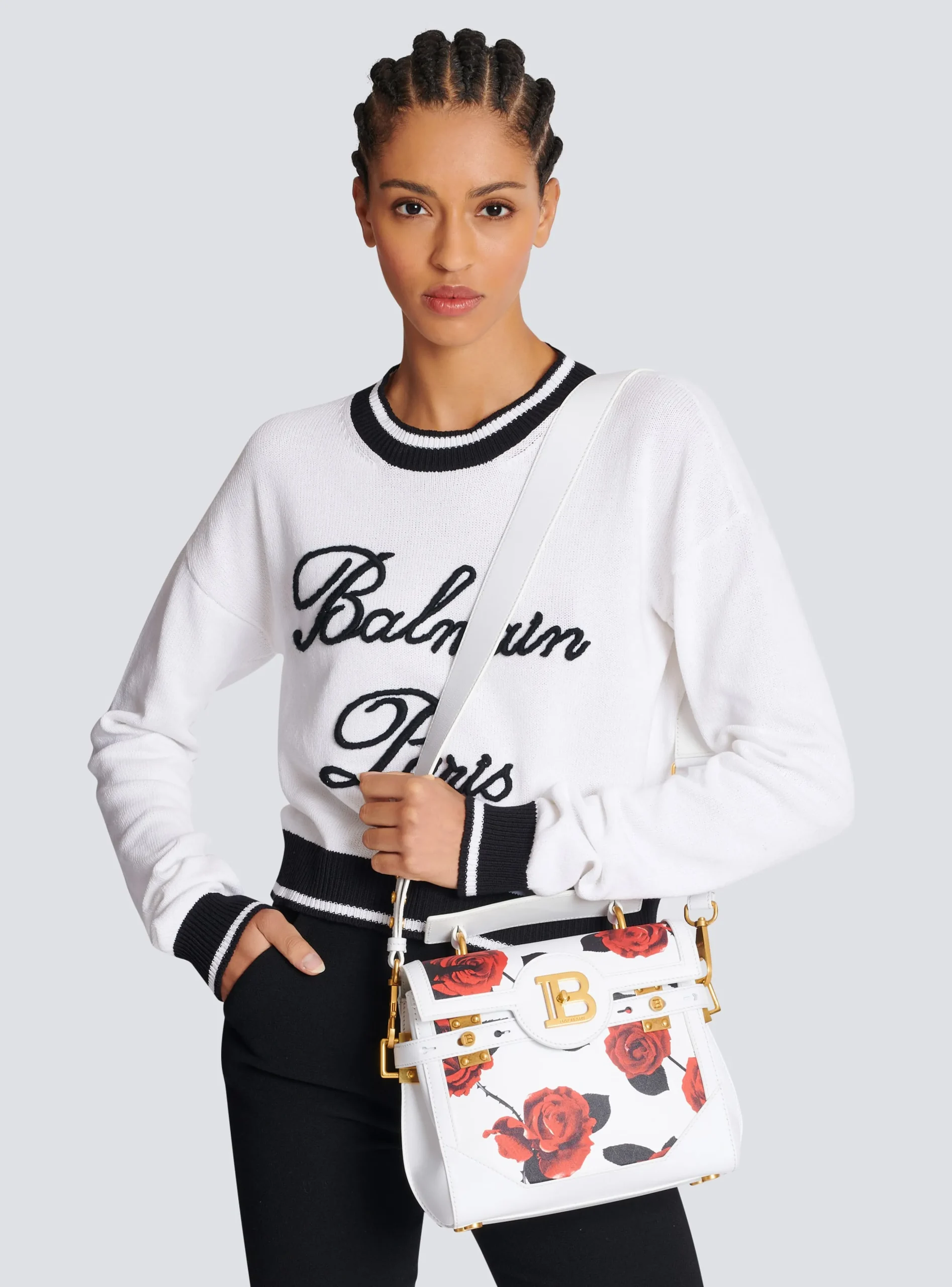 Women Balmain B-Buzz 23 Calfskin Bag With A Roses Print And Embossed Grid Motif