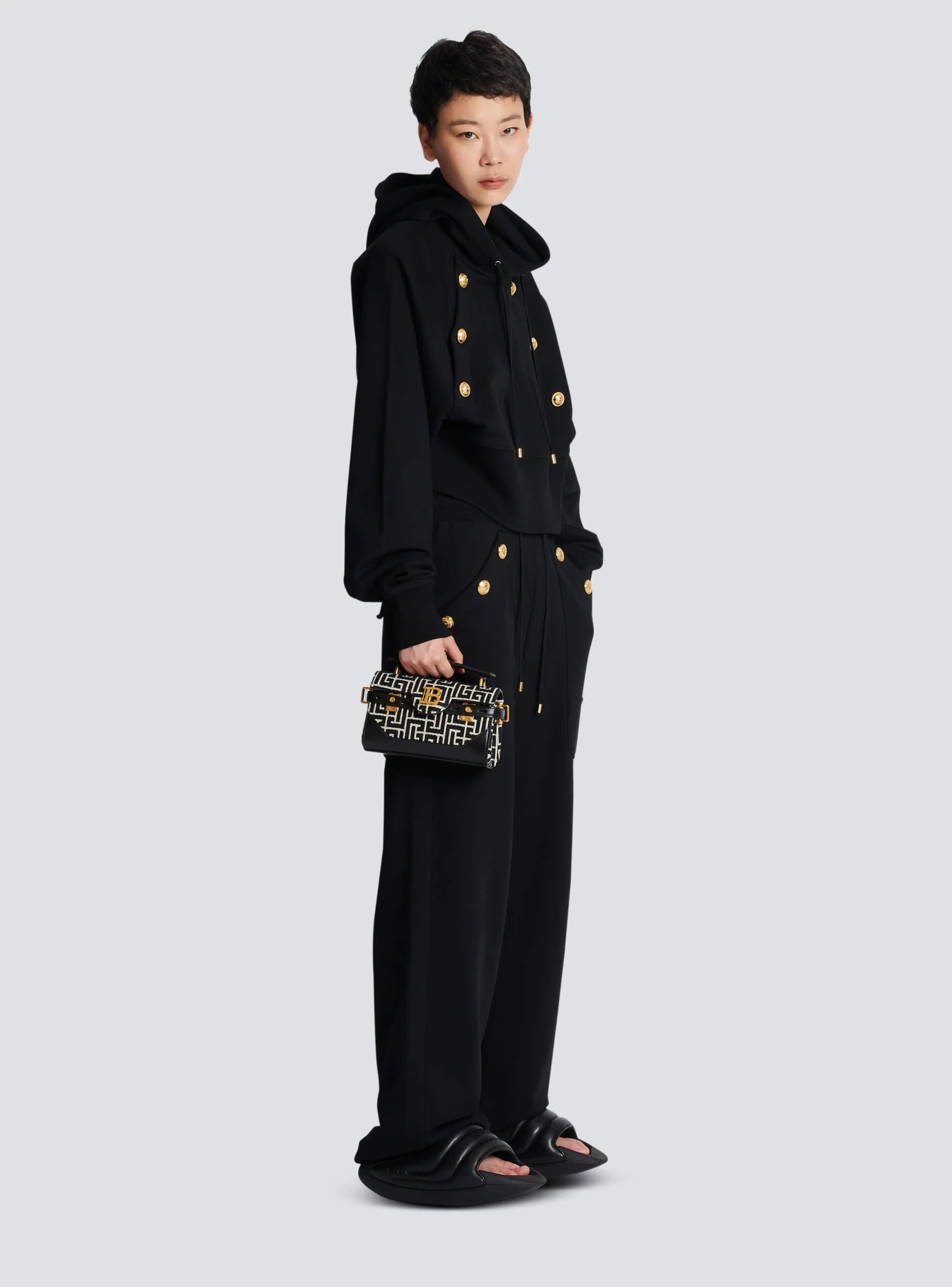 Women Balmain B-Buzz 19 Leather Bag With Jacquard Monogram