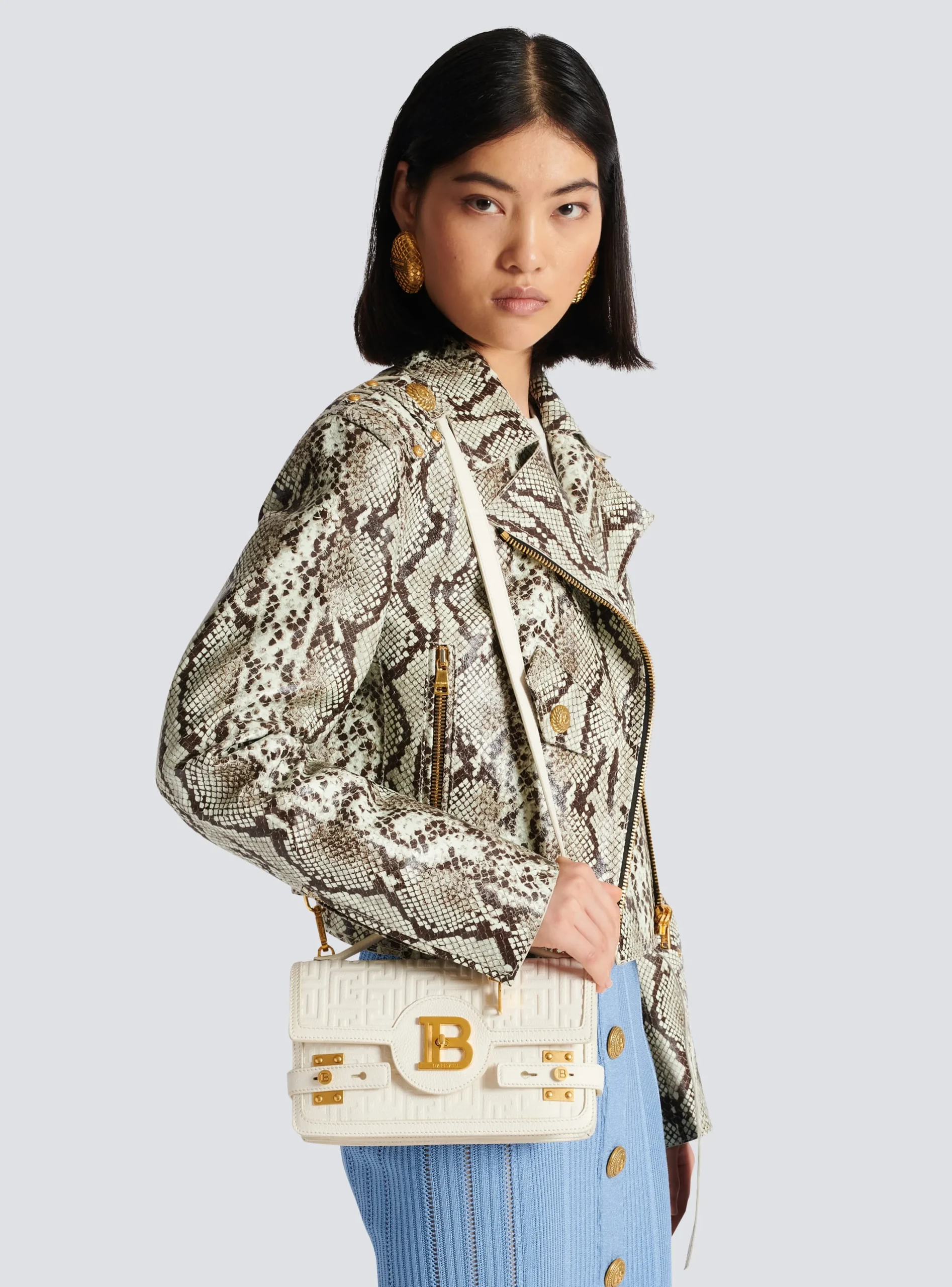 Women Balmain B-Buzz 24 Monogrammed Grained Leather Bag