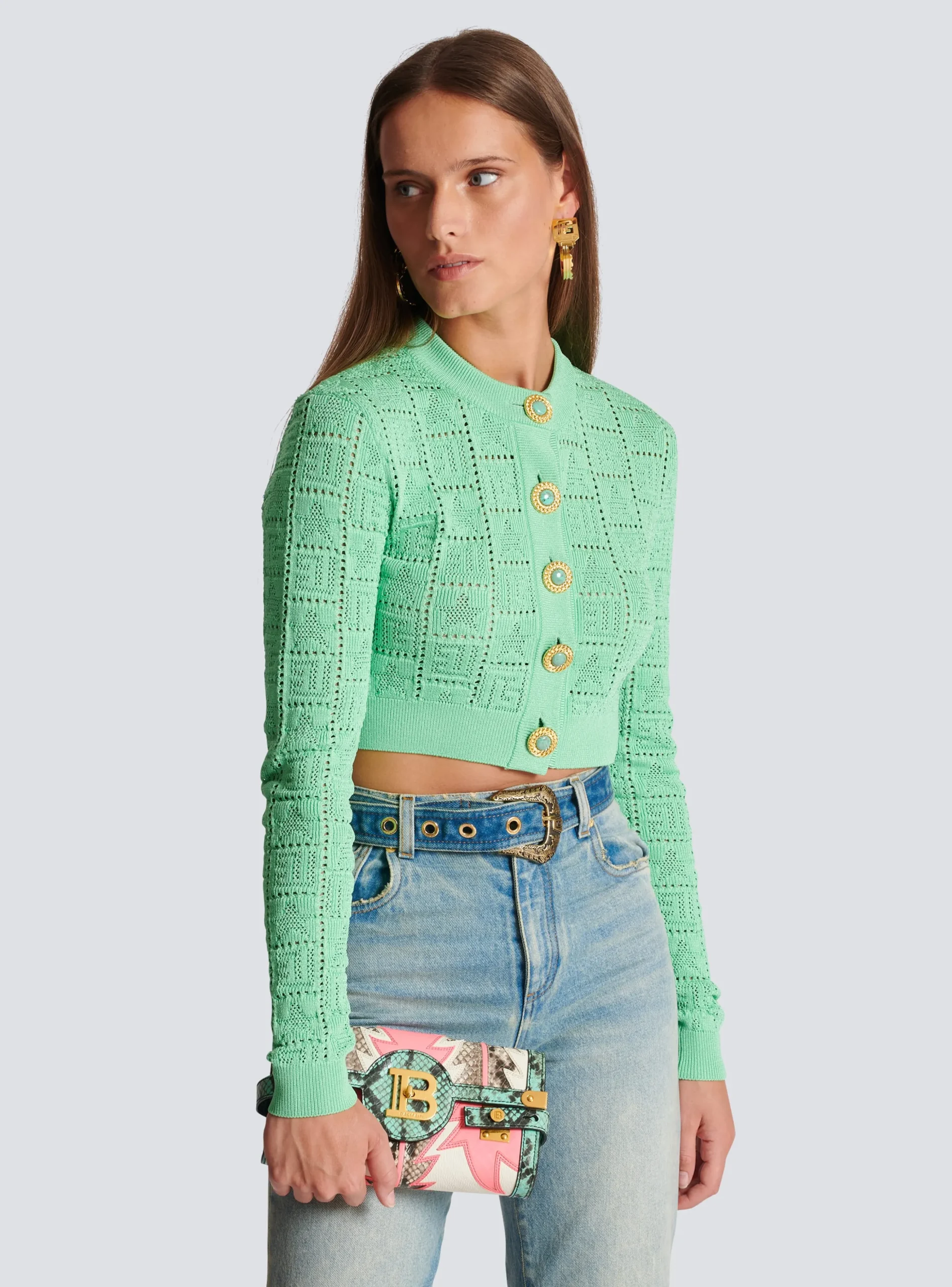 Women Balmain B-Buzz 23 Pouch Patchwork Leather Clutch