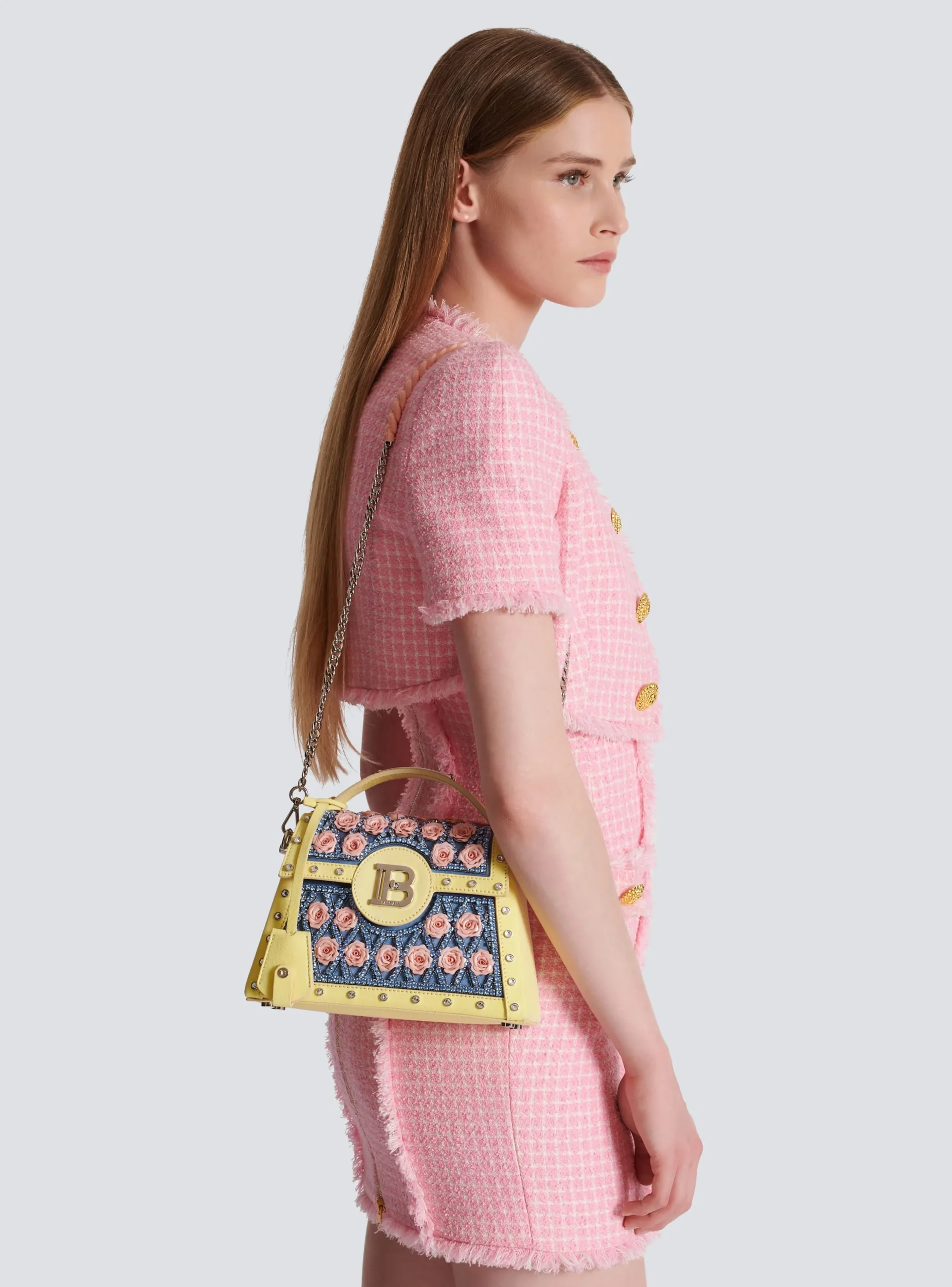 Women Balmain B-Buzz Dynasty Bag Embroidered With Grid And Roses