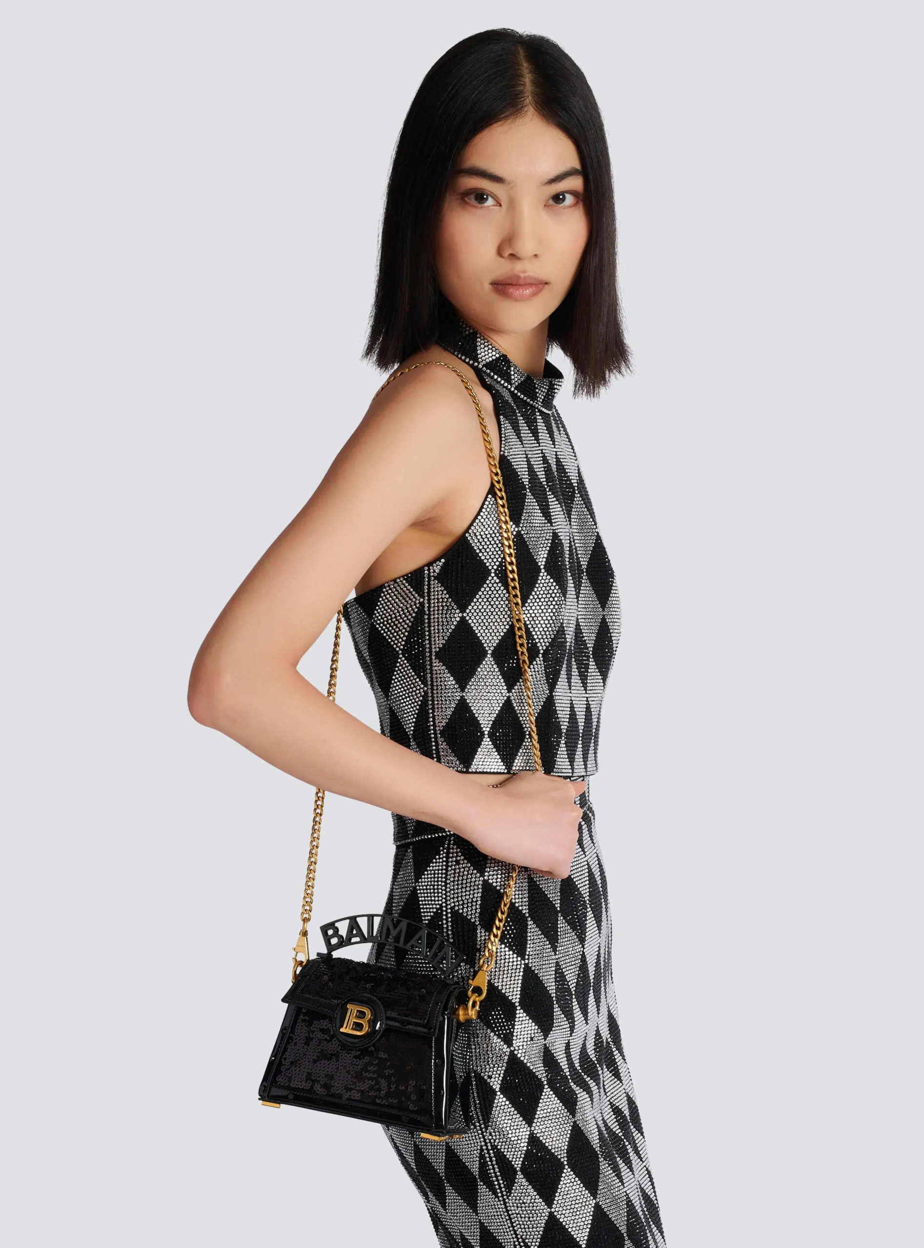Women Balmain B-Buzz Dynasty Small Bag In Patent Leather And Sequins