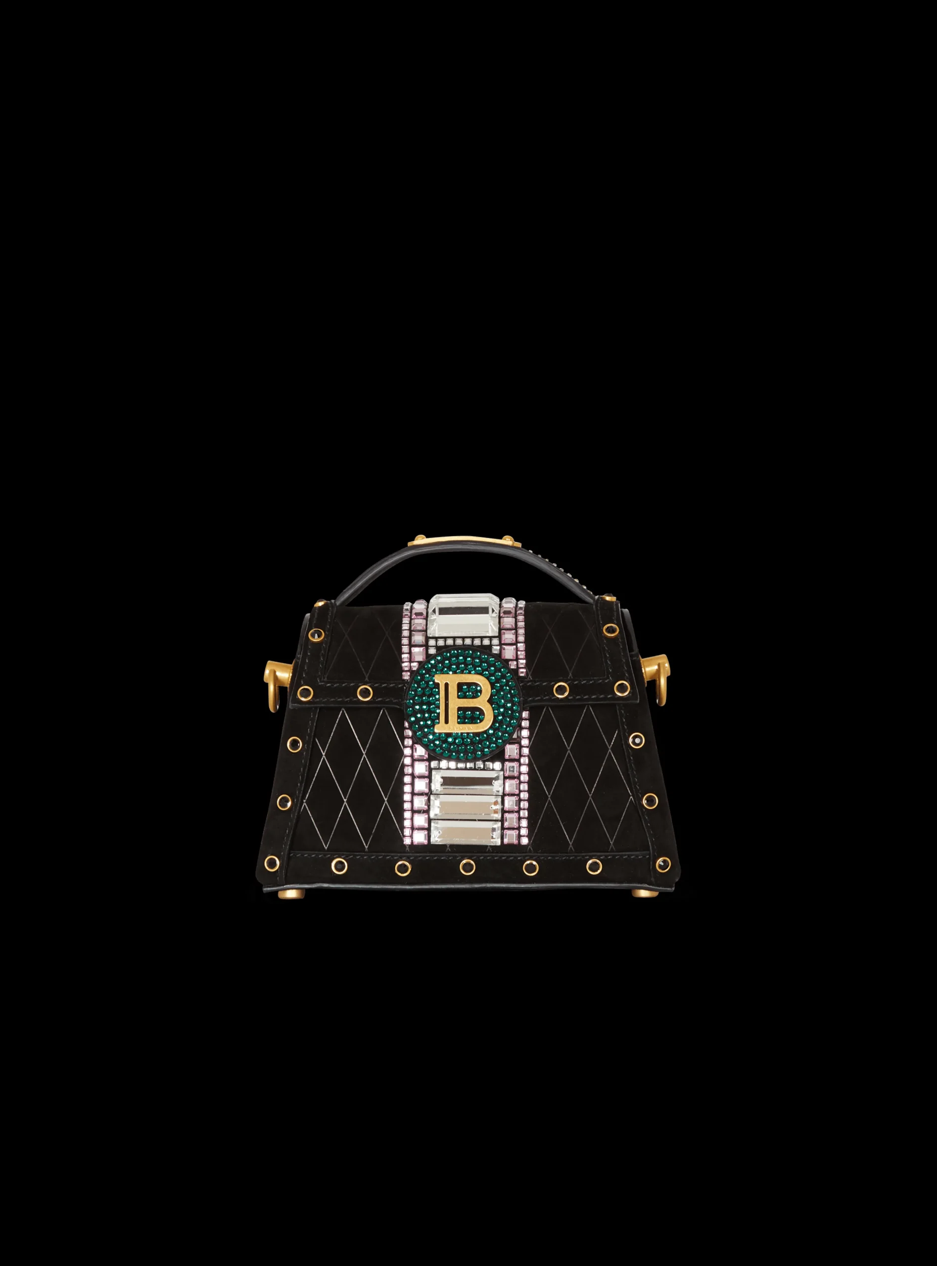 Women Balmain B-Buzz Dynasty Small Suede Bag With Embossed Grid Motif And Embroidery