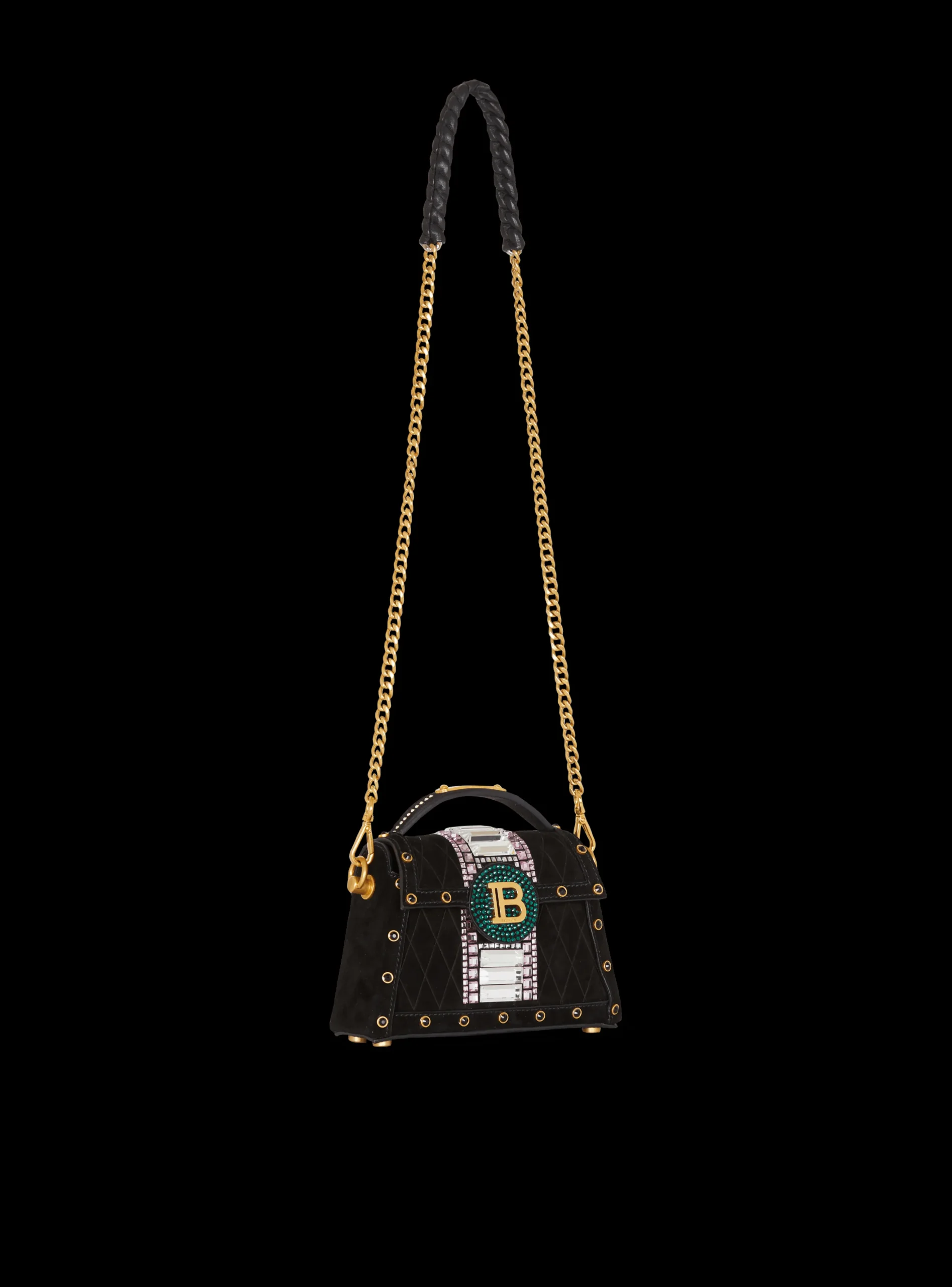 Women Balmain B-Buzz Dynasty Small Suede Bag With Embossed Grid Motif And Embroidery