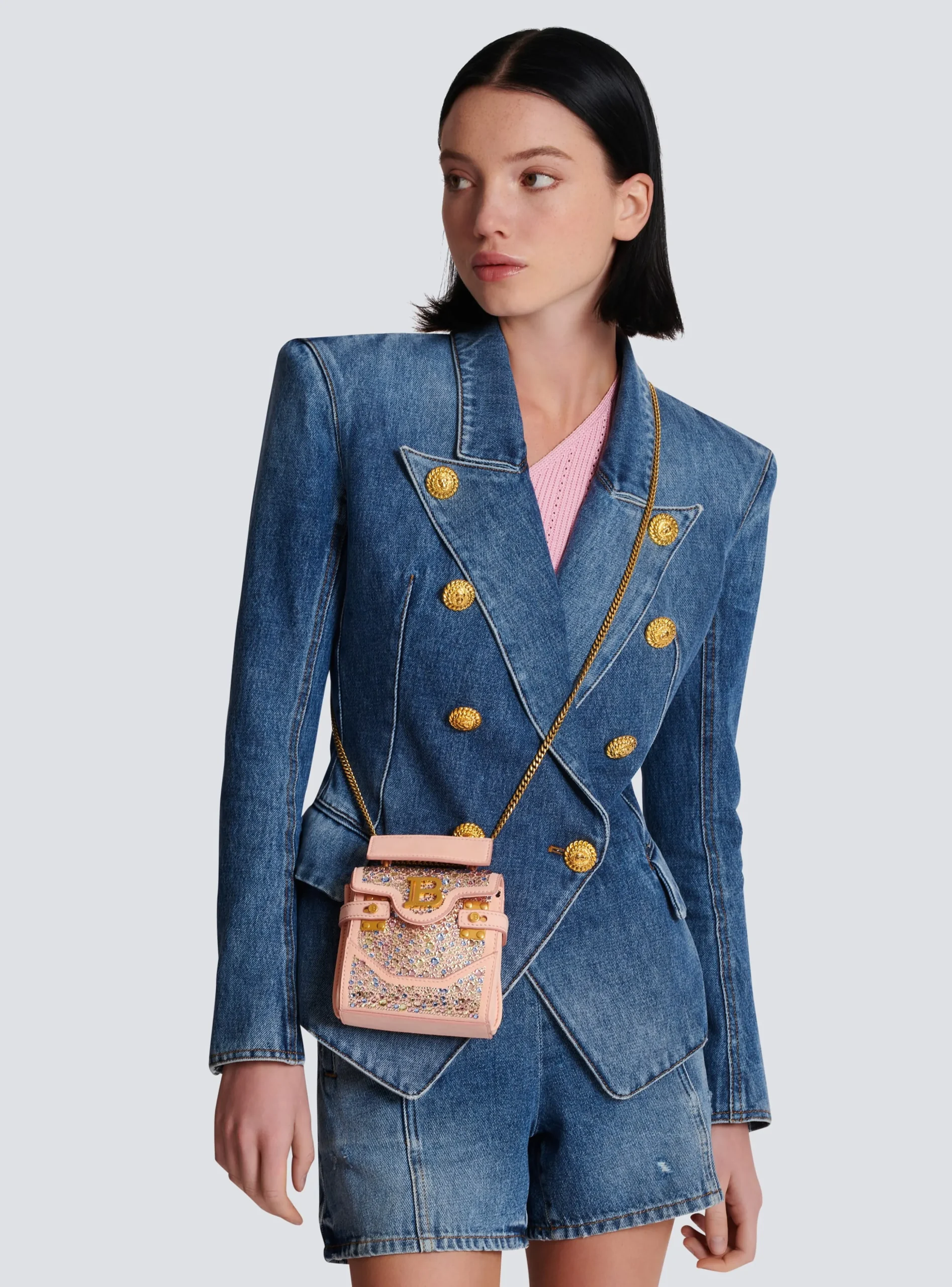 Women Balmain B-Buzz Mini 12 Bag In Suede And Rhinestones