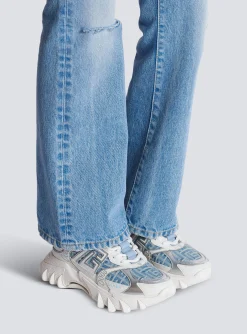Women Balmain B-East Trainers In Monogrammed PB Labyrinth Denim