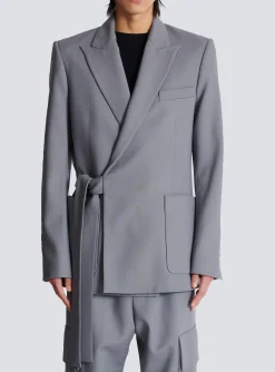 Balmain Belted Asymmetrical Jacket In Double Crepe
