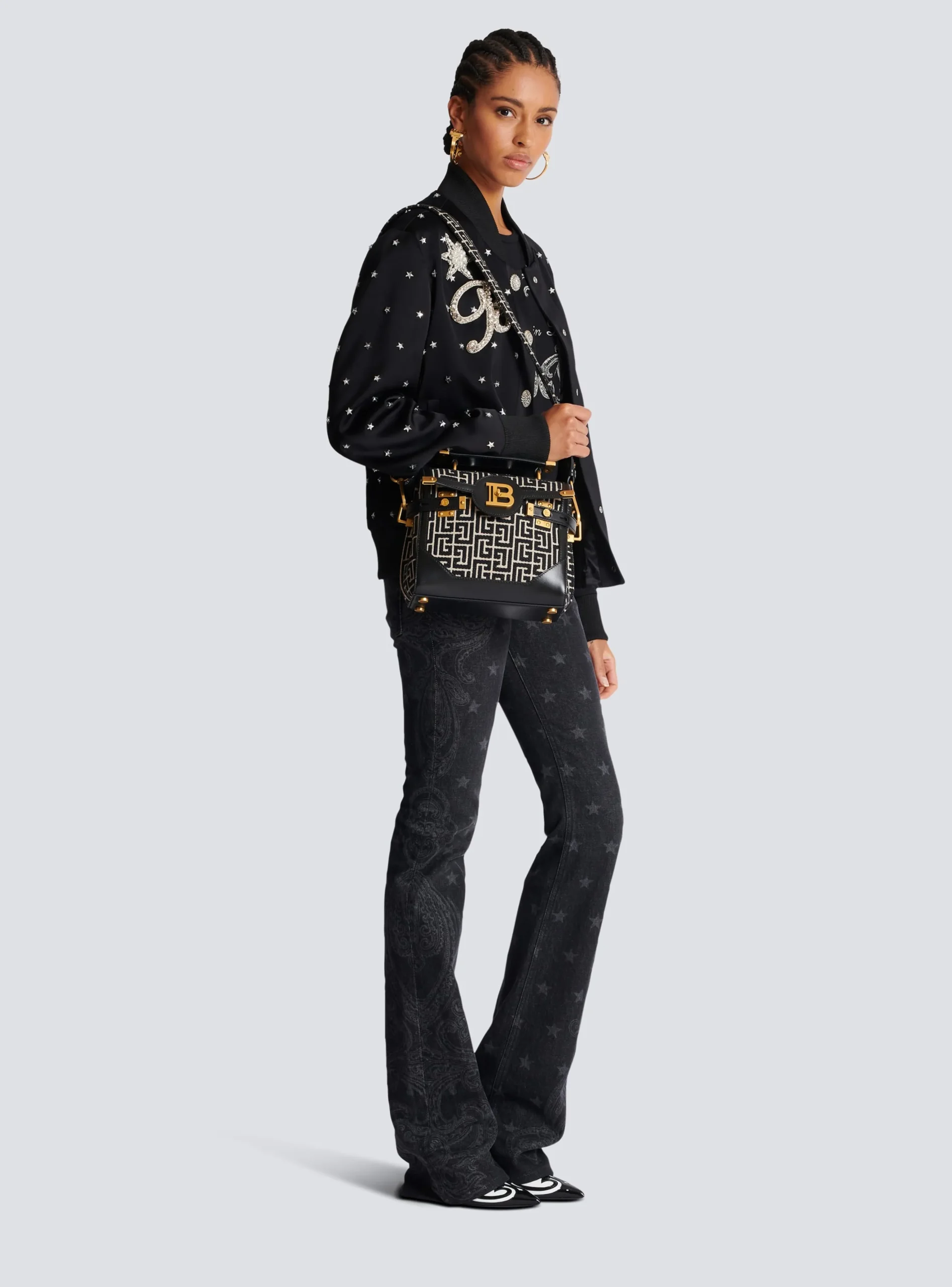 Women Balmain Bicolor Jacquard B-Buzz 23 Bag With Leather Panel