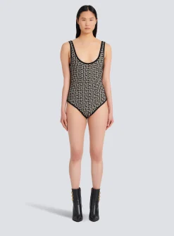 Women Balmain Bicolor Jacquard Bodysuit With Monogram