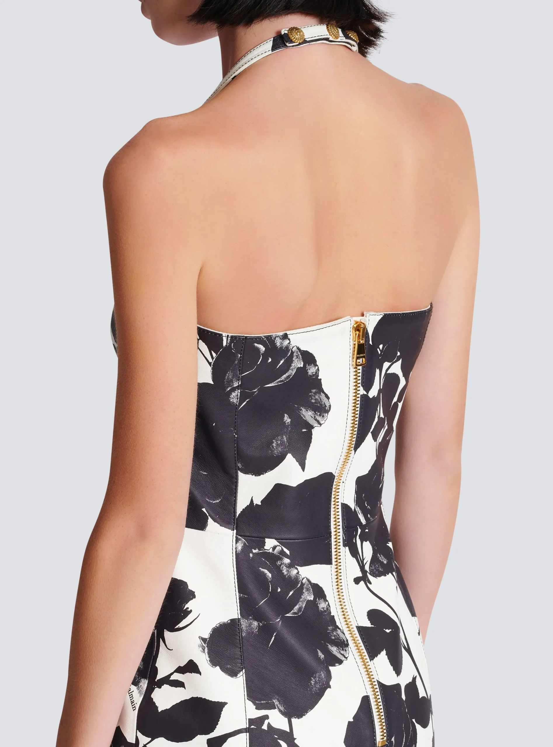 Women Balmain Black And Roses Leather Halterneck Dress