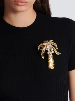 Women Balmain Brass And Crystal Palm Tree Brooch
