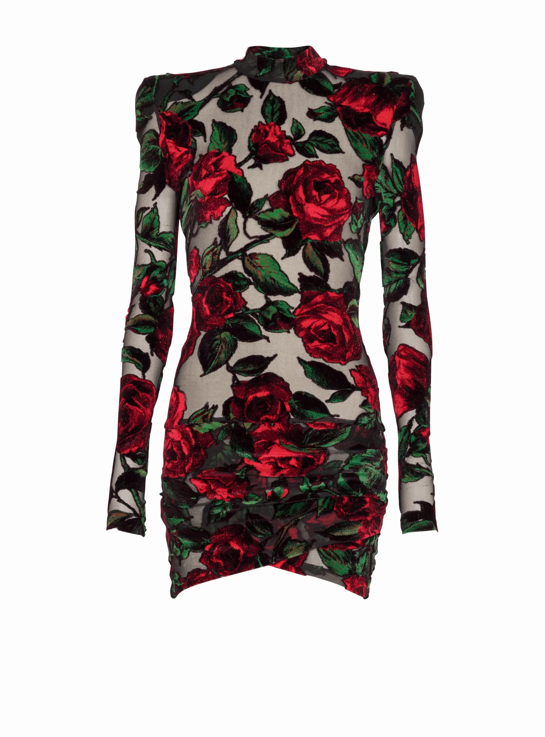 Women Balmain Burnout Velvet Dress With Rose Print