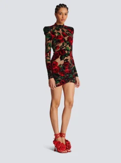 Women Balmain Burnout Velvet Dress With Rose Print
